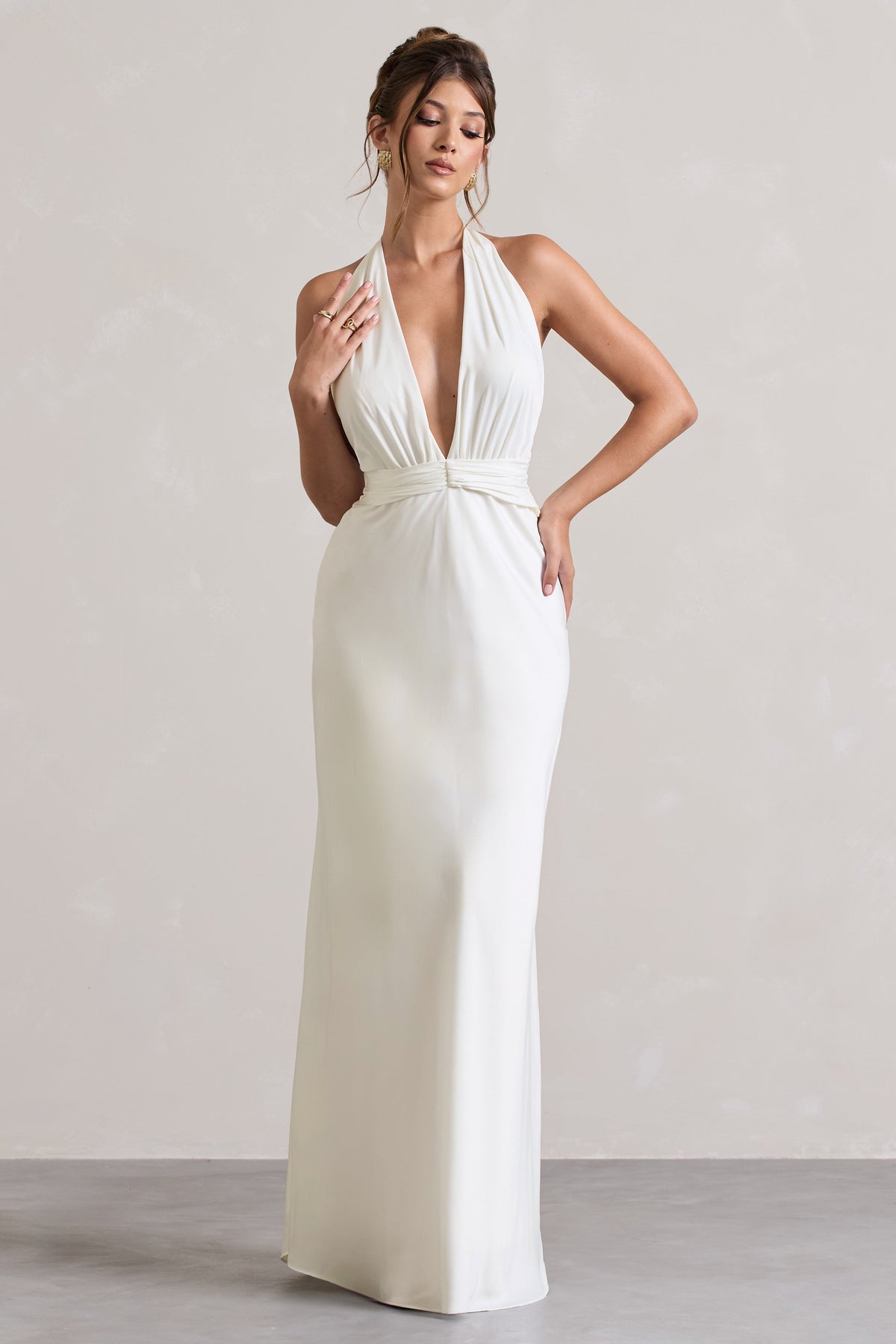 Ivory Satin Plunge Maxi Dress With Dipped Hem - View 5 | Shop Formal Dress