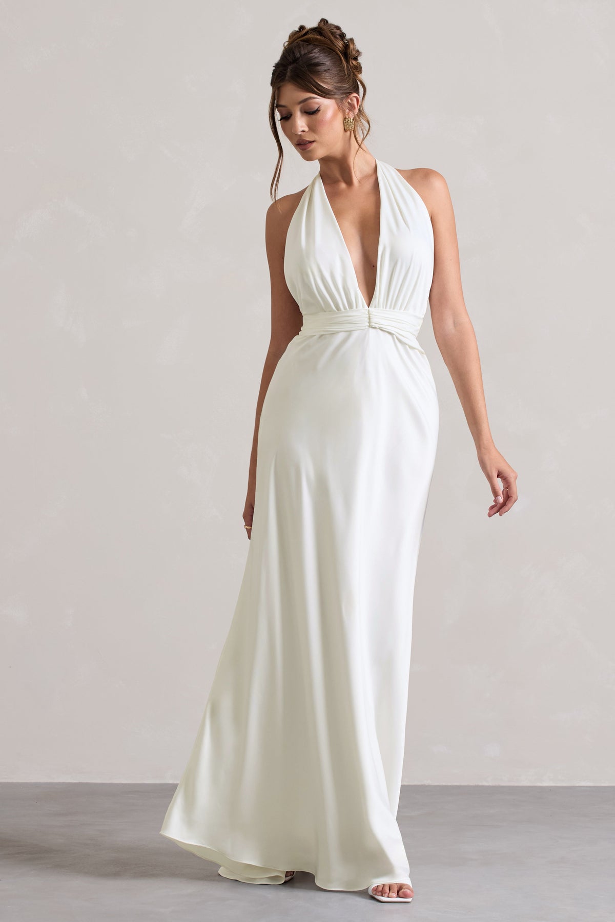 Ivory Satin Plunge Maxi Dress With Dipped Hem - View 2 | Shop Formal Dress