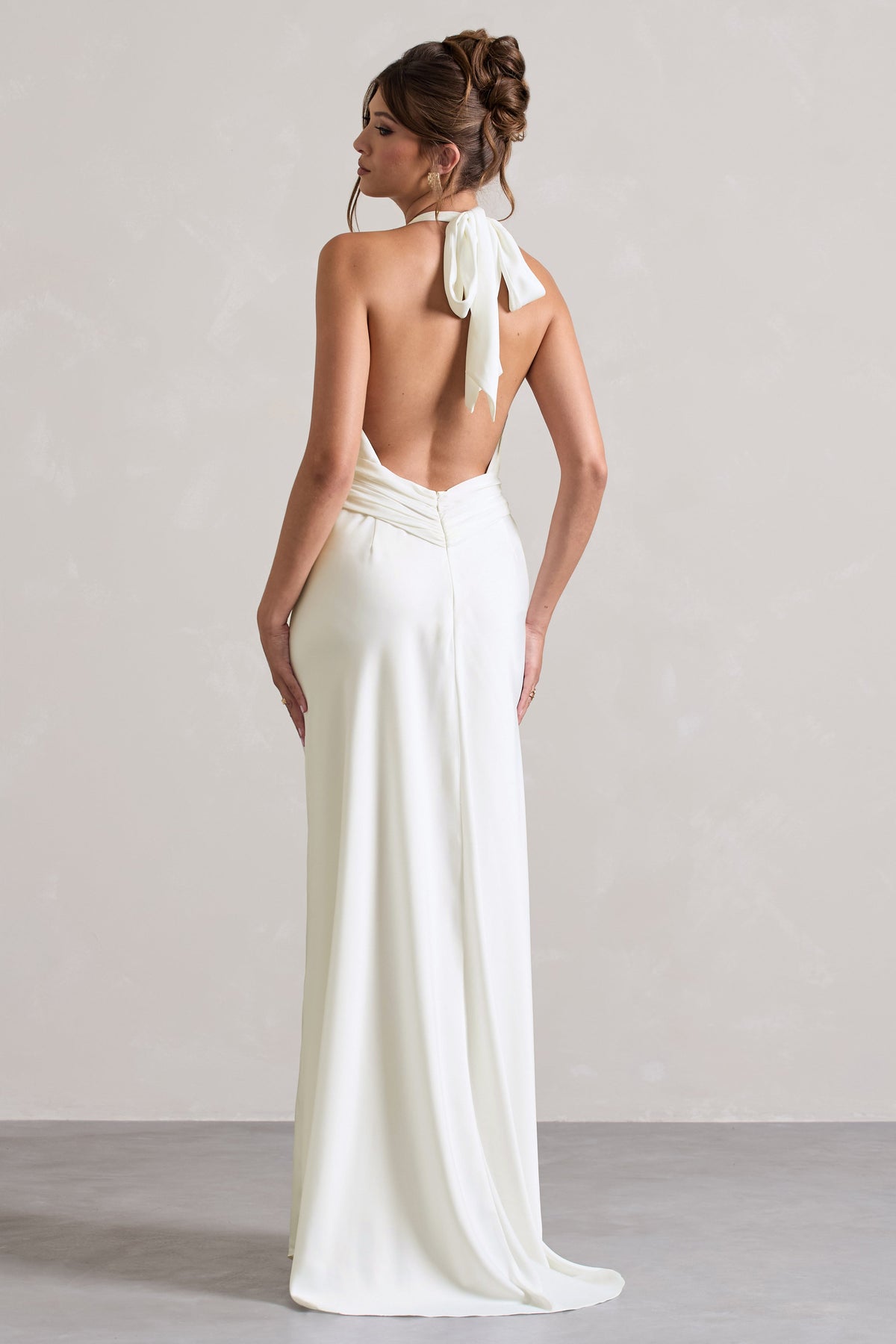 Ivory Satin Plunge Maxi Dress With Dipped Hem - View 3 | Shop Formal Dress