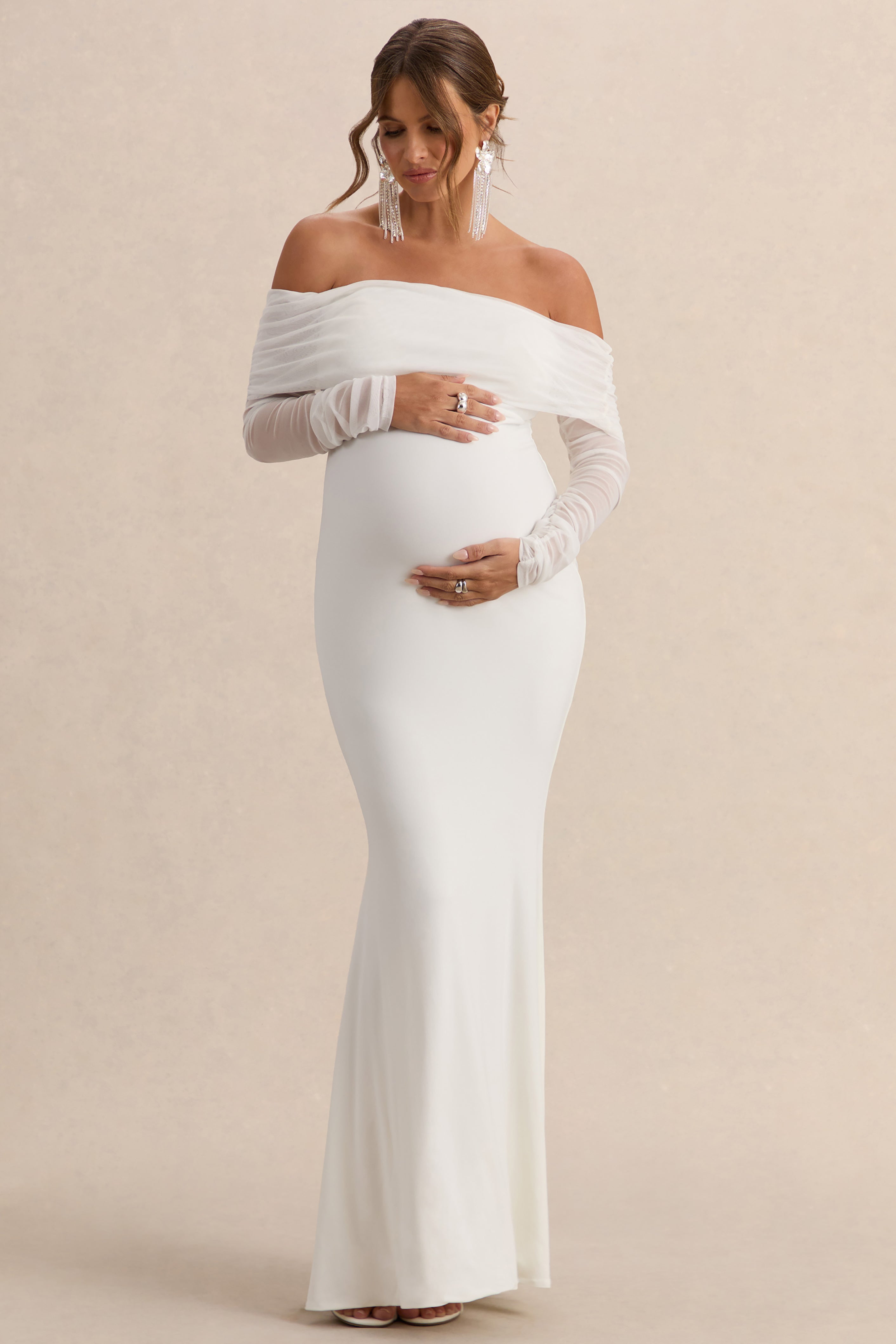 maternity maxi dress australia Pretty Perfect | White Maternity Ruched Mesh Bardot Maxi Dress – Club L  London