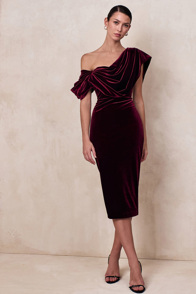 High End Burgundy Velvet Asymmetric-Neck Midi Dress With Draped Deta