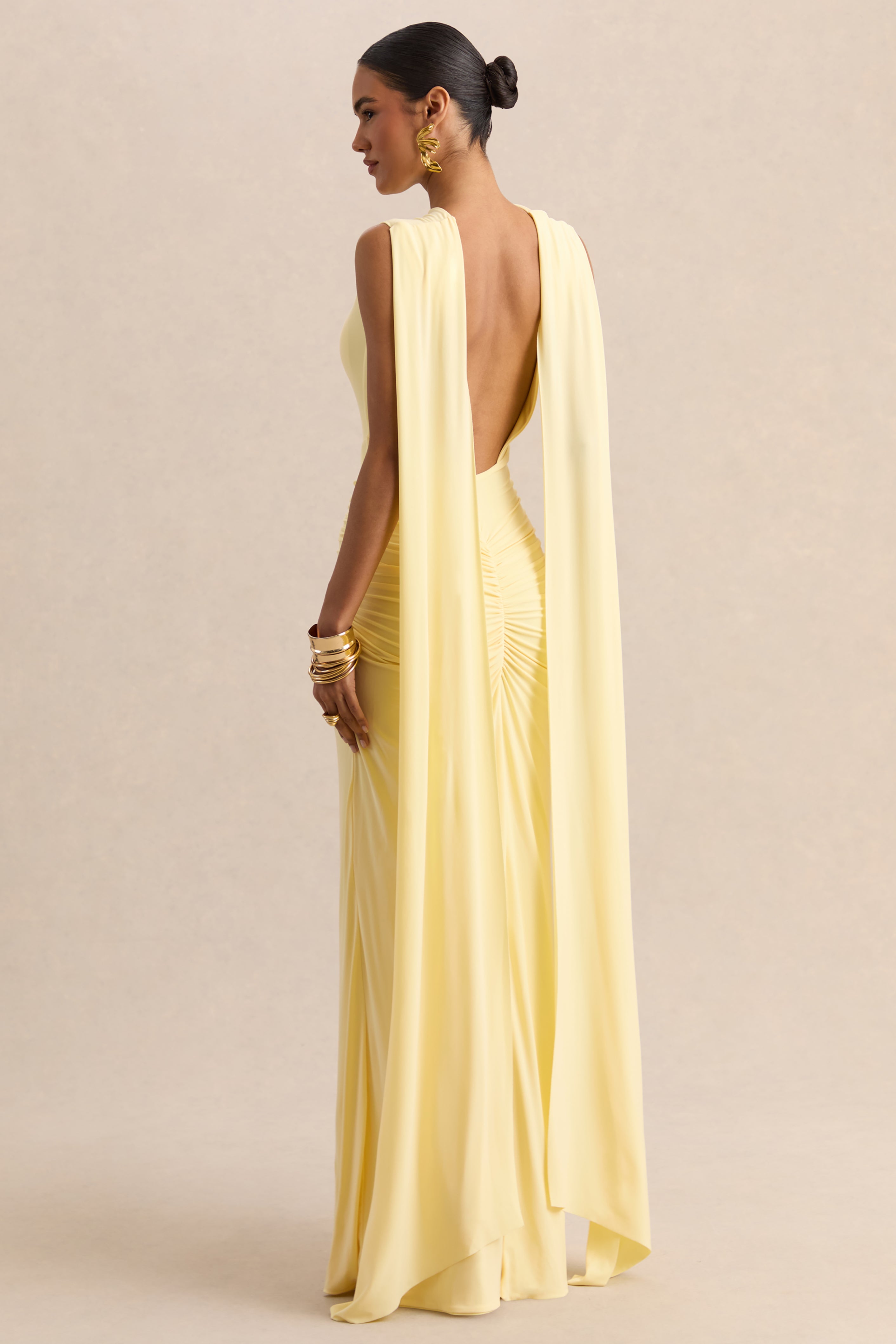 Lemon Boat-Neck Maxi Dress With Cape-Sleeves And Open-Back