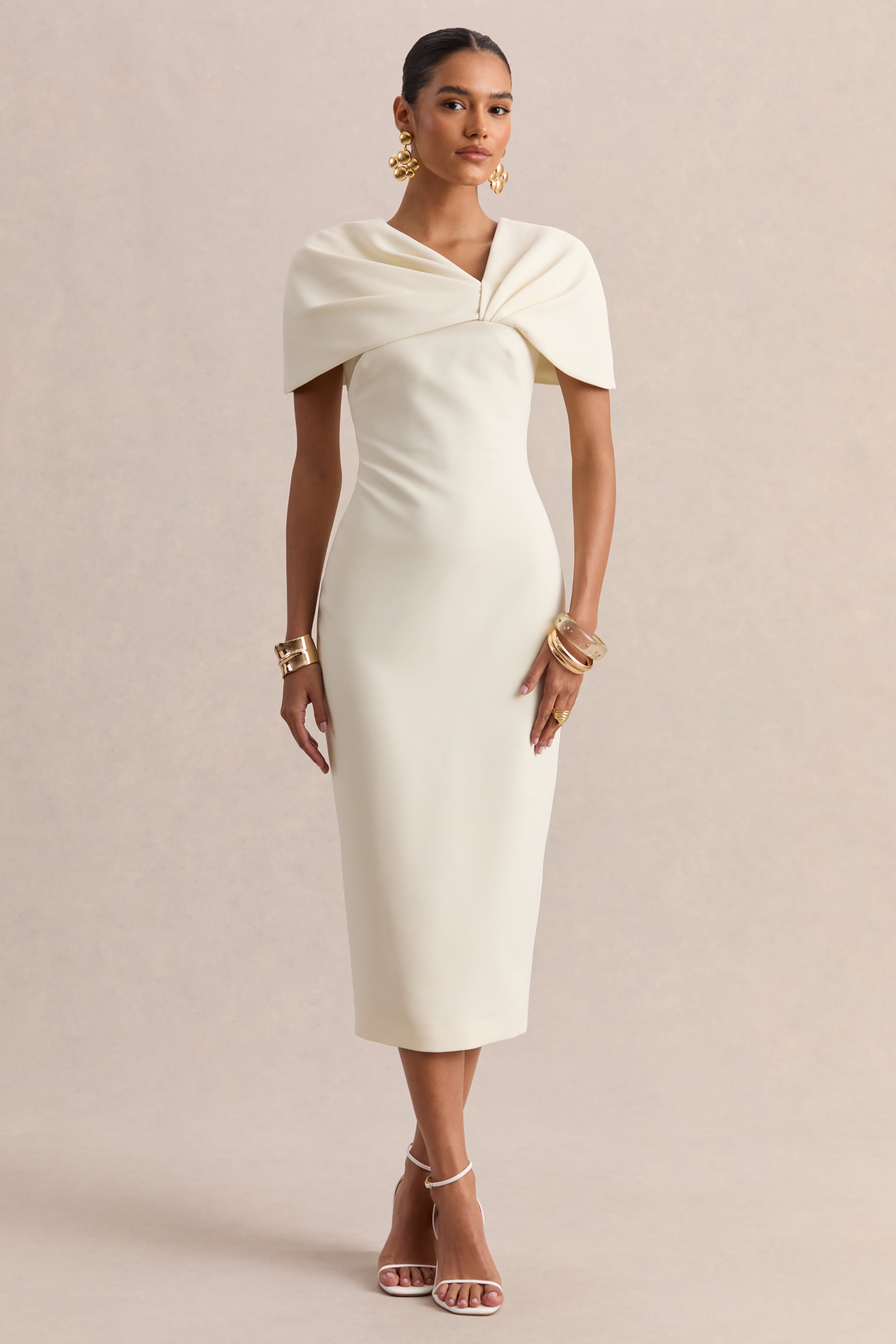 Novalie | Cream V-Neck Midi Dress With Twist-Detail – Club L London