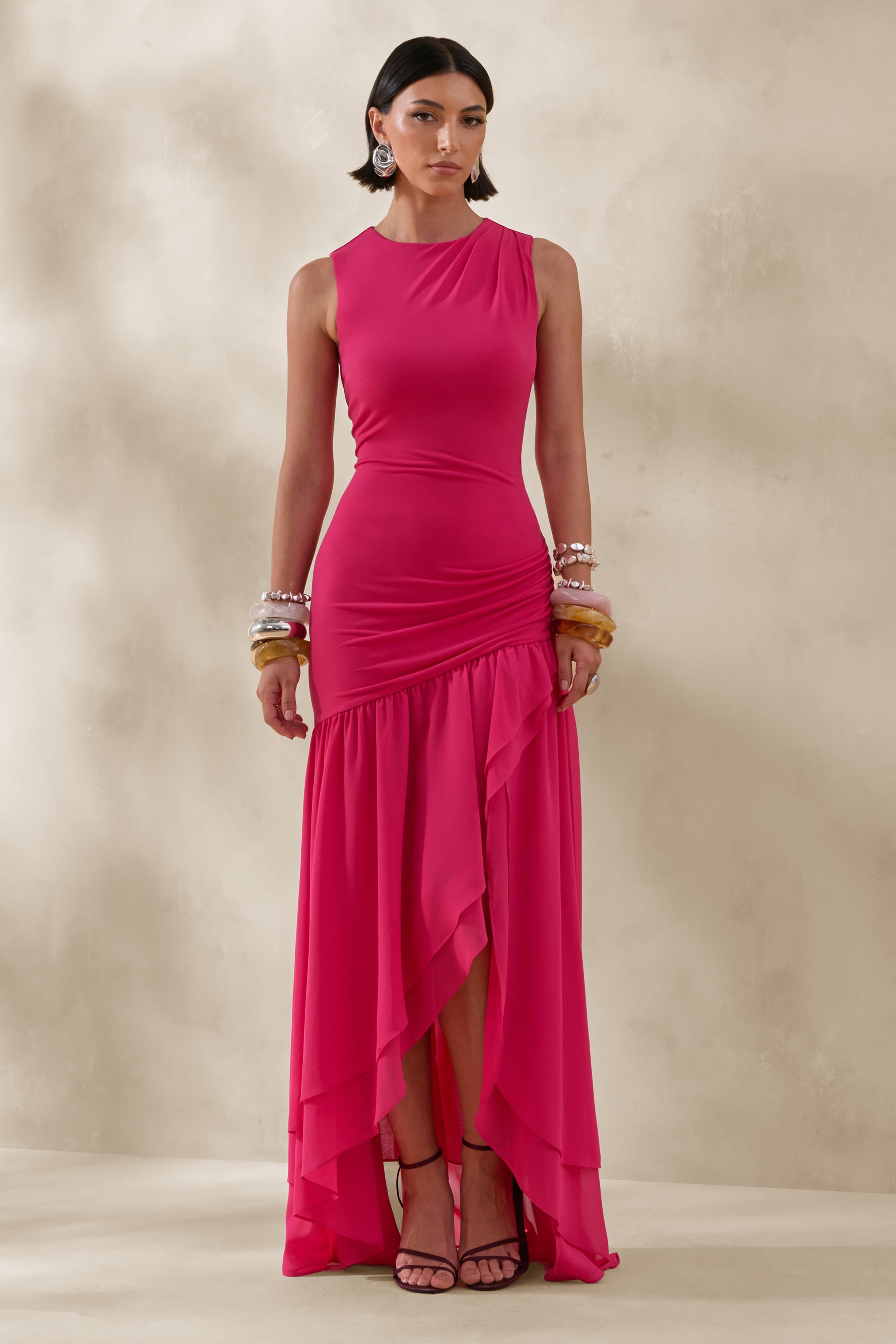 hot pink mother of the bride dress with sleeves Noelia | High-Neck Maxi Ruffled Detailing – Club L London fuschia pink mother of the bride dress