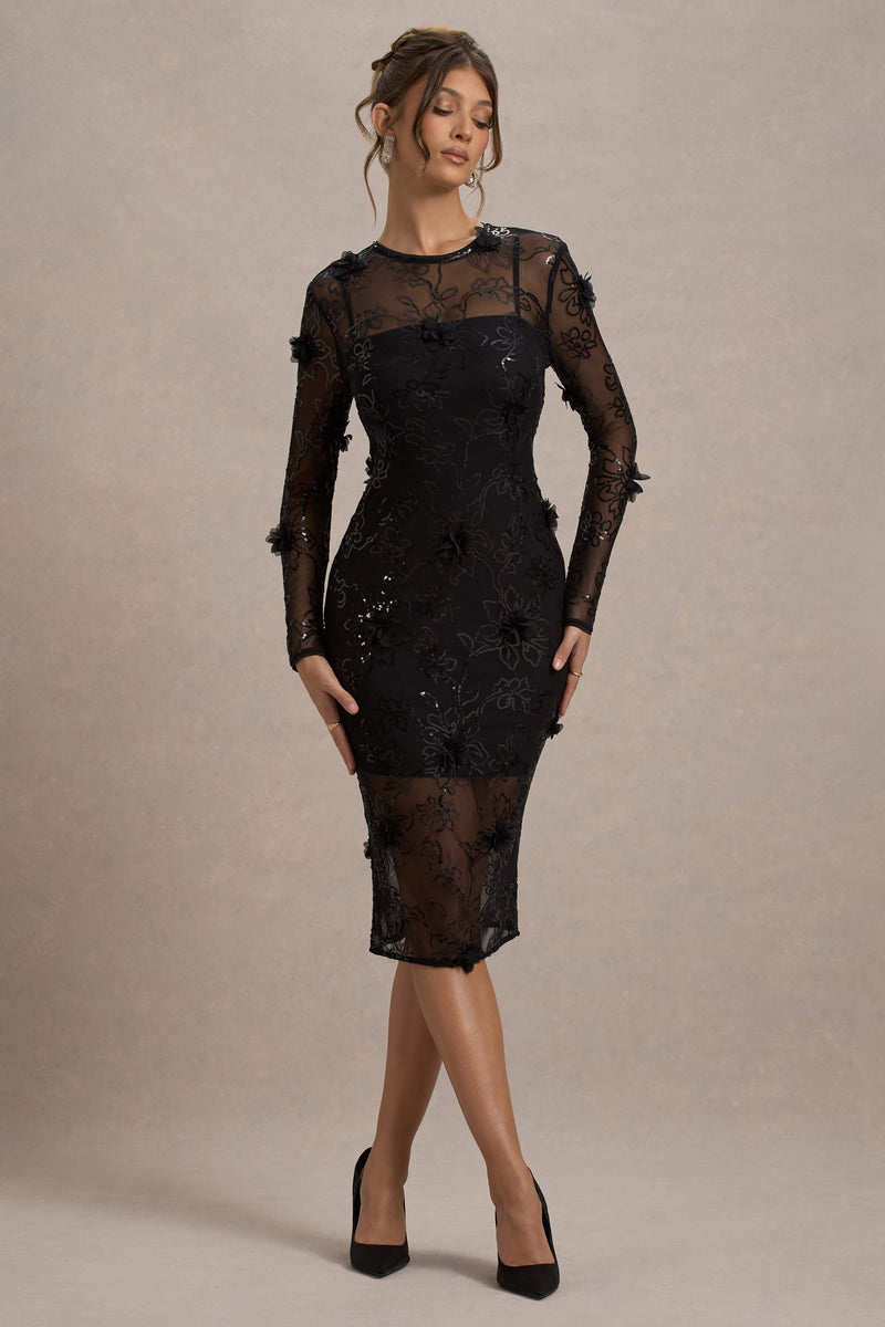 Intimate Black Sequin Sheer Midi Dress With Flowers Club L London AUS