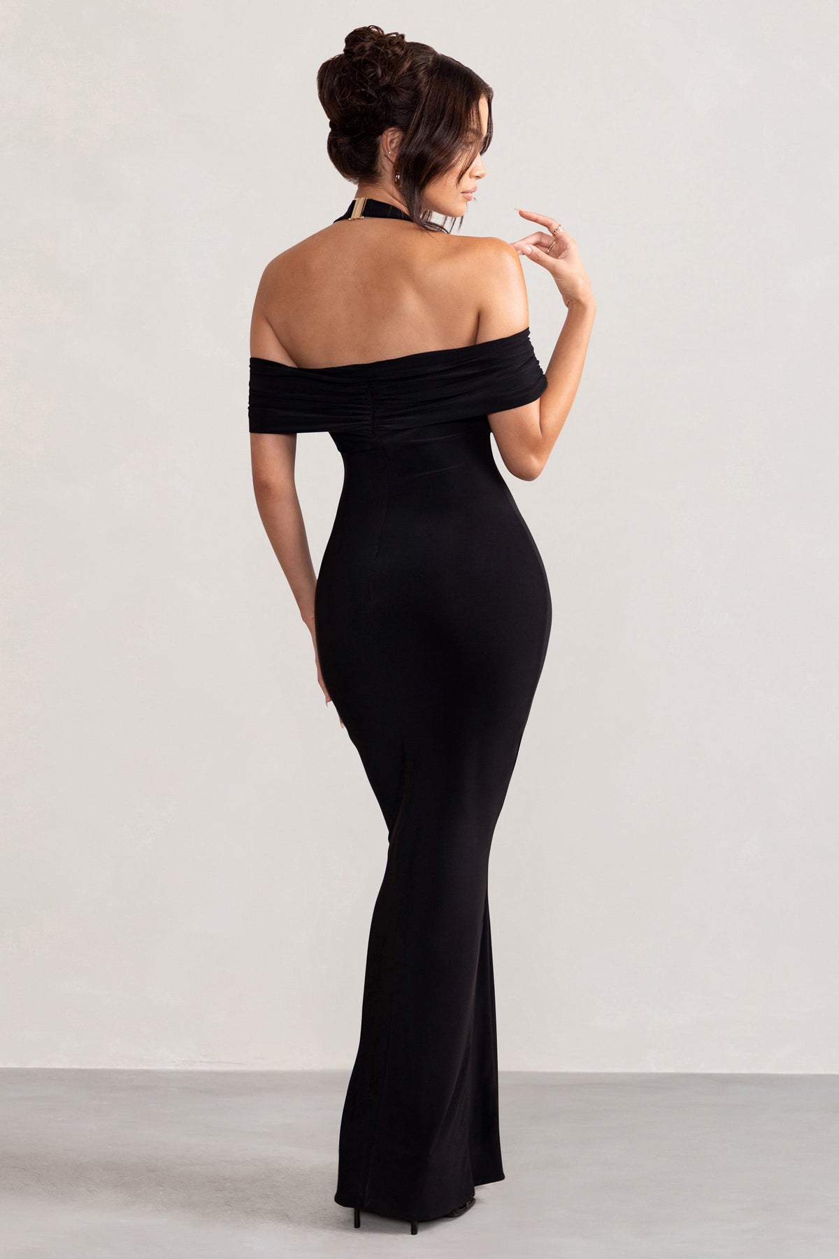 Black Halter Neck Bardot Maxi Dress With Thigh Split - View 3 | Shop Formal Dress