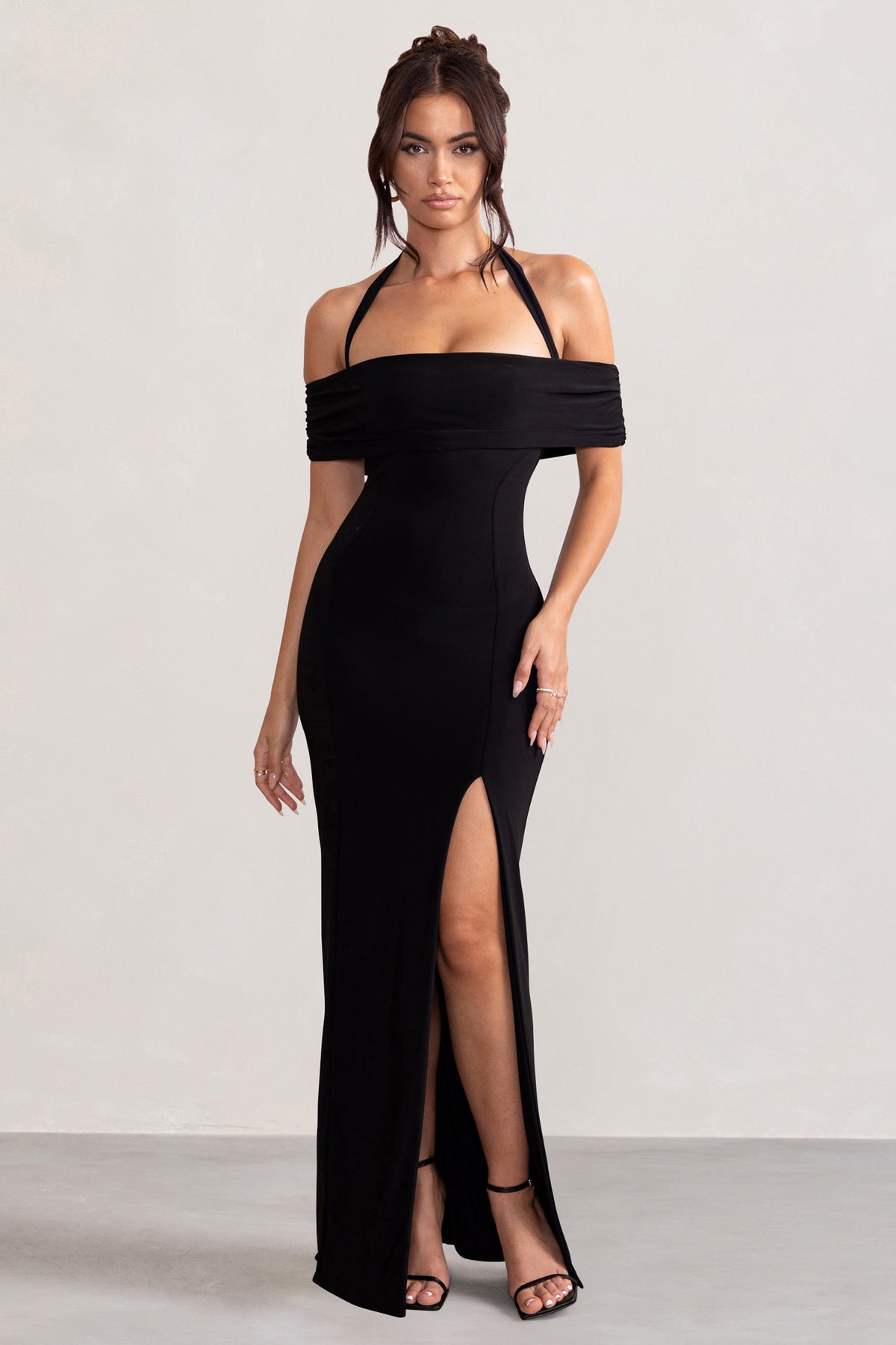 Black Halter Neck Bardot Maxi Dress With Thigh Split - View 4 | Shop Formal Dress