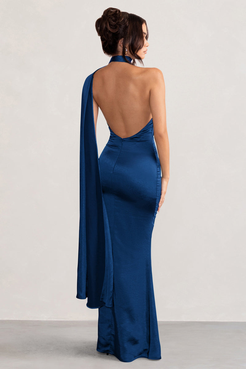 Mademoiselle Navy Asymmetric Scarf Neck Backless Maxi Dress Club