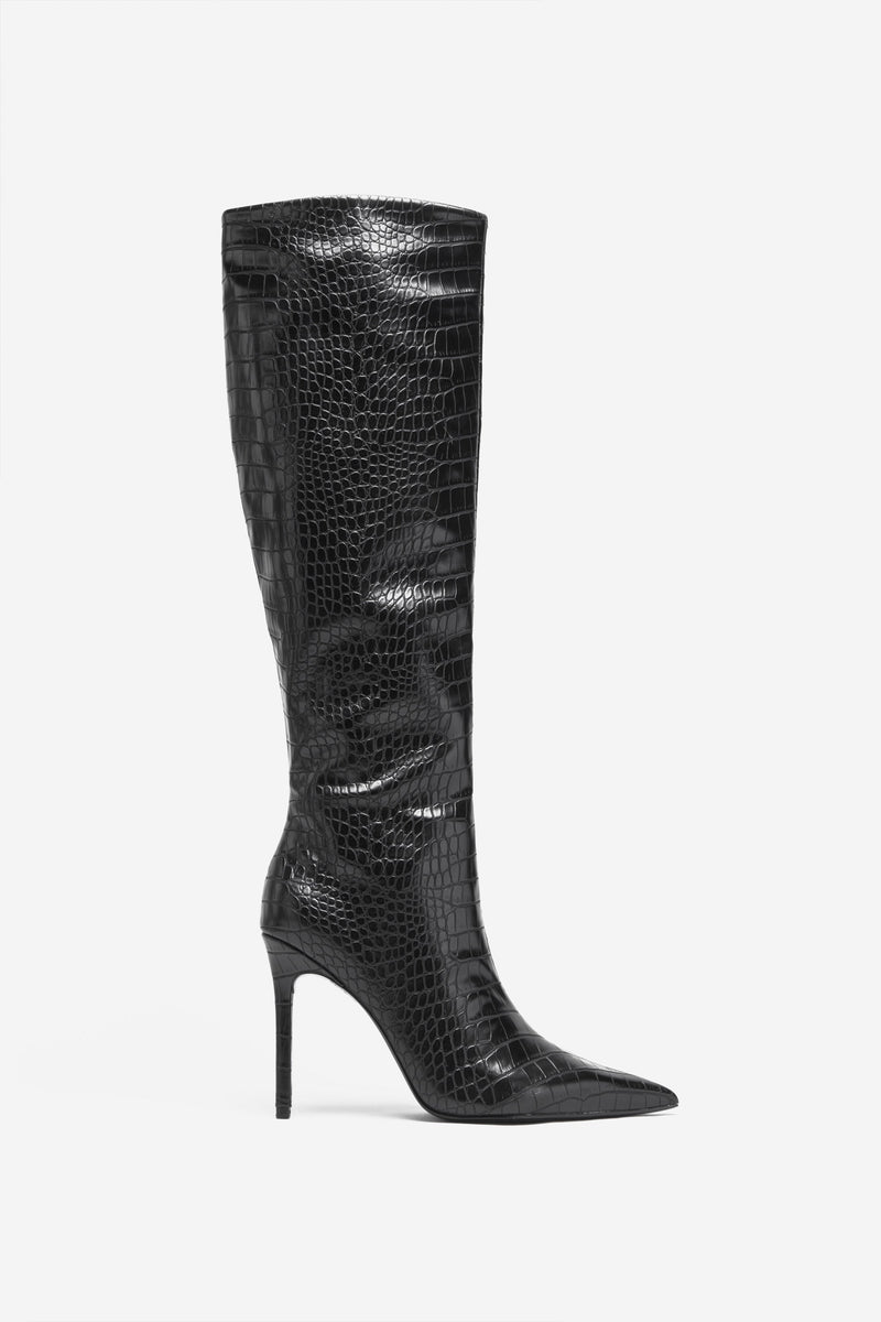 Over It Black Croc Fitted Over-Knee Pointed Heeled Boots – Club L