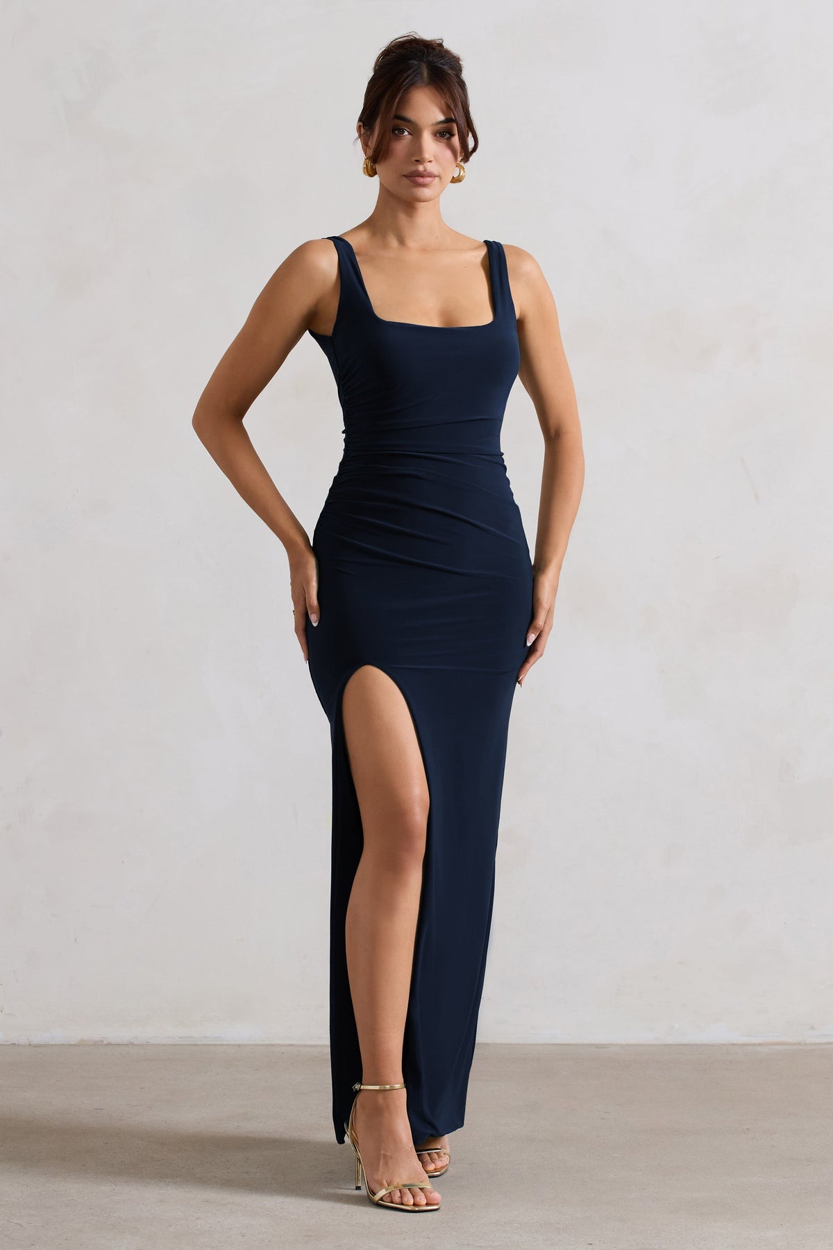 Collective Dress - Navy Square Neck Maxi Dress with Plunge Back and Side Thigh Split image 2