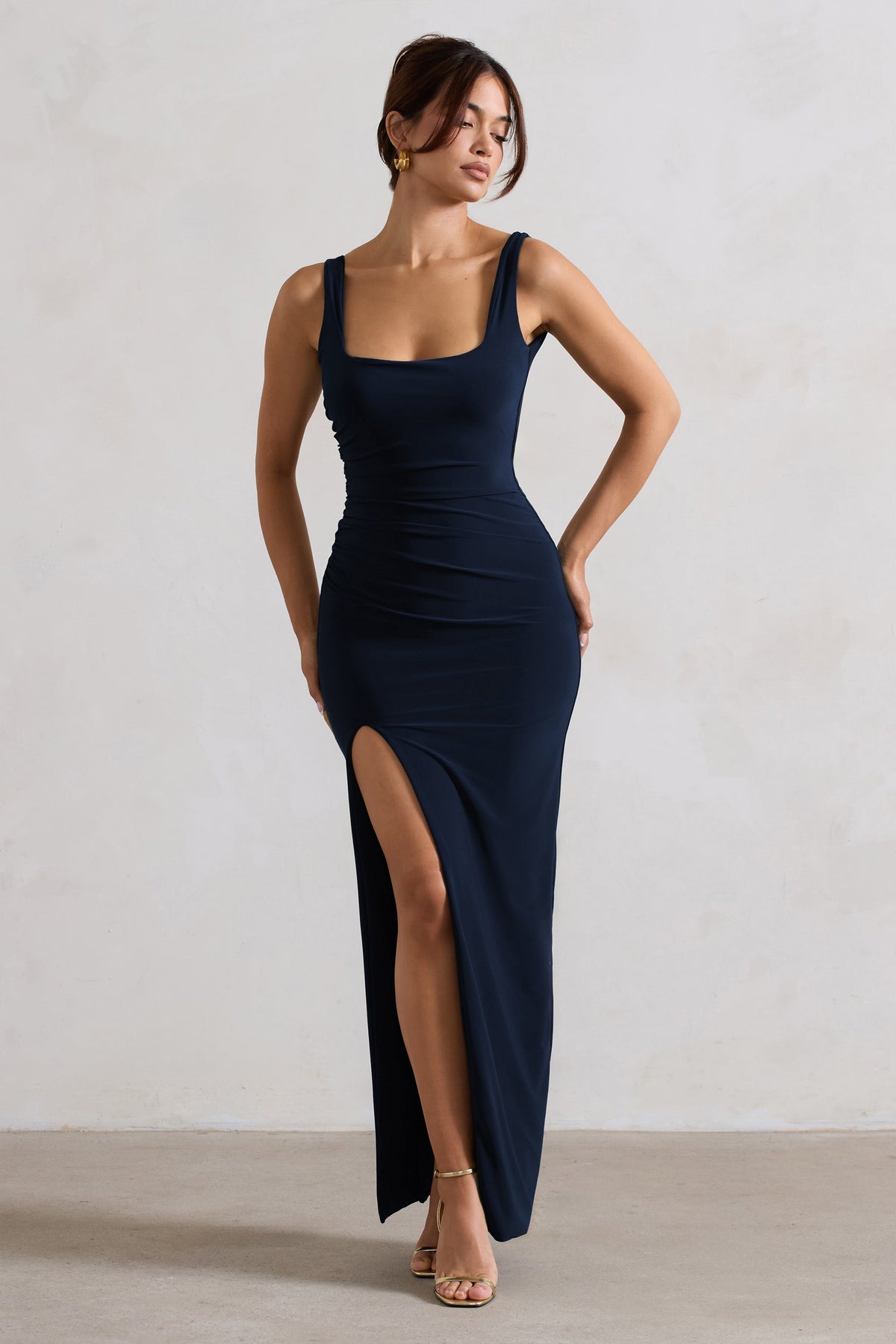 Collective Dress - Navy Square Neck Maxi Dress with Plunge Back and Side Thigh Split image 4