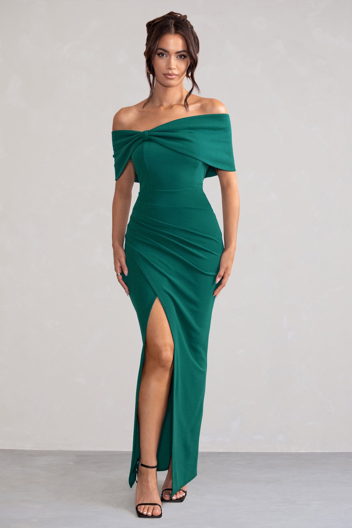 Green Bardot Bow Detail Maxi Dress With Thigh Split - View 6 | Shop Formal Dress