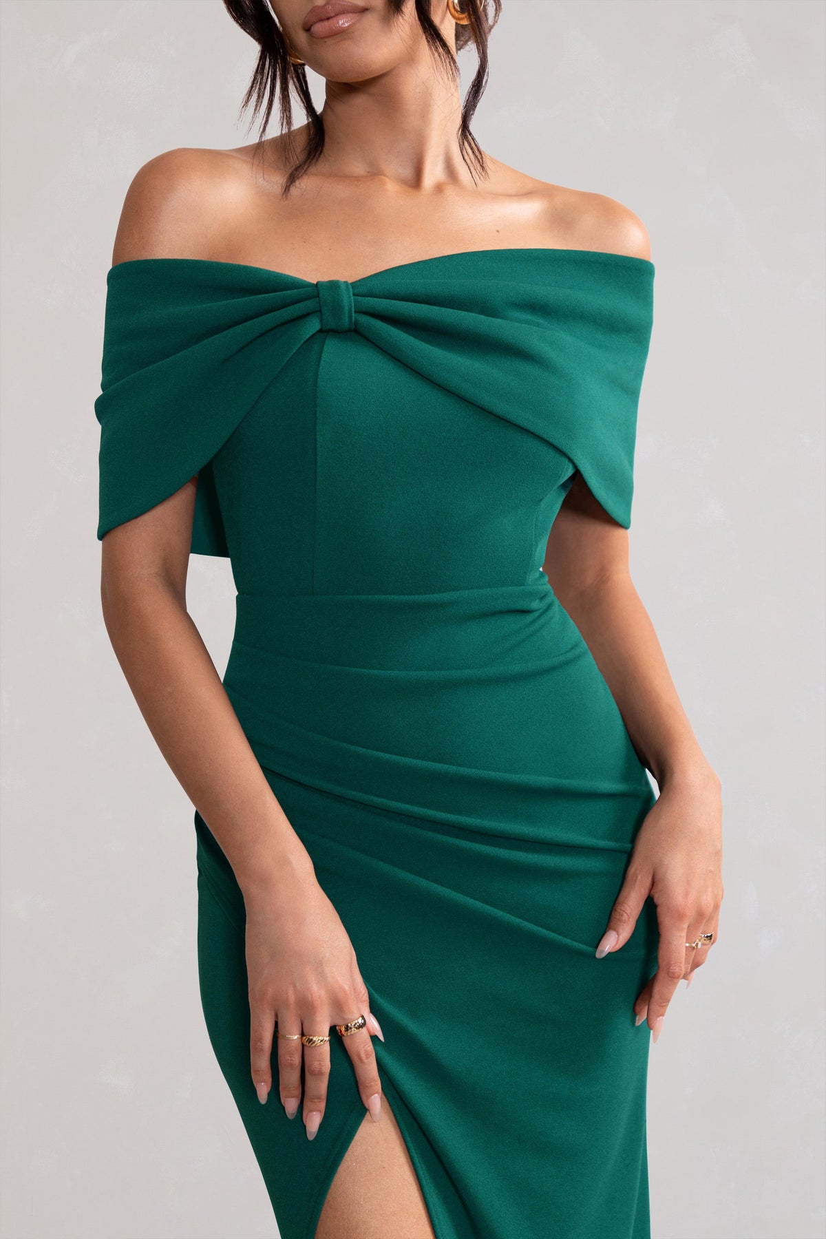 Green Bardot Bow Detail Maxi Dress With Thigh Split - View 4 | Shop Formal Dress