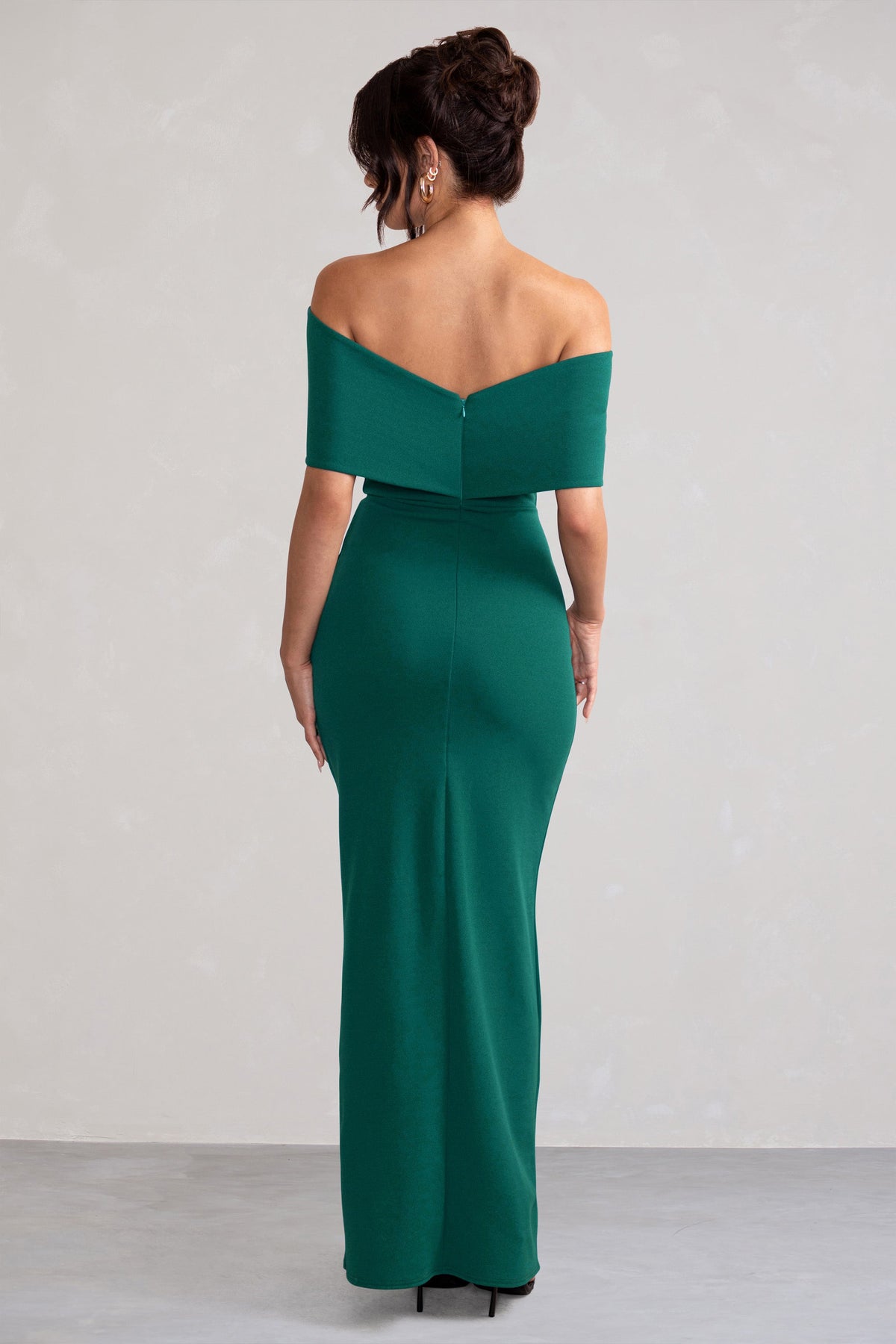 Green Bardot Bow Detail Maxi Dress With Thigh Split - View 3 | Shop Formal Dress