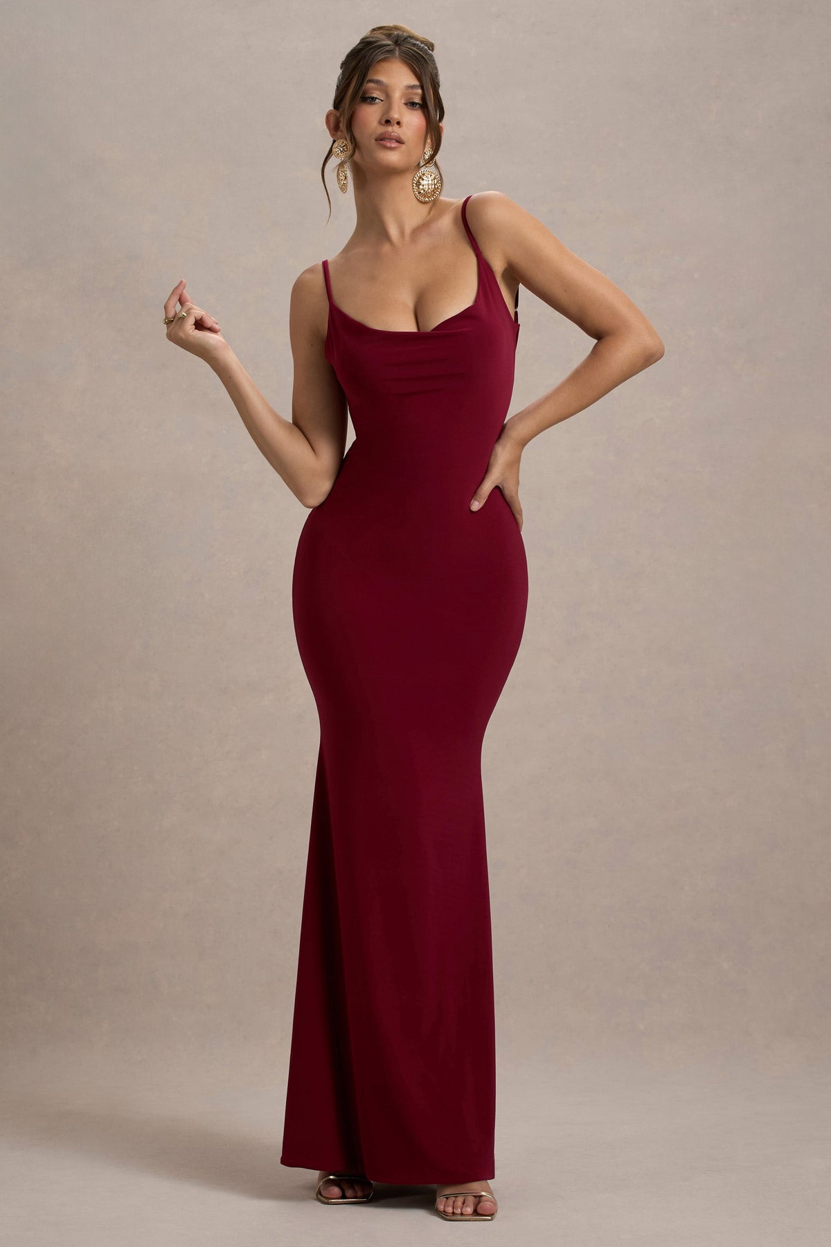 Berry Cowl Neck Backless Maxi Dress With Lace Insert - View 5 | Shop Formal Dress