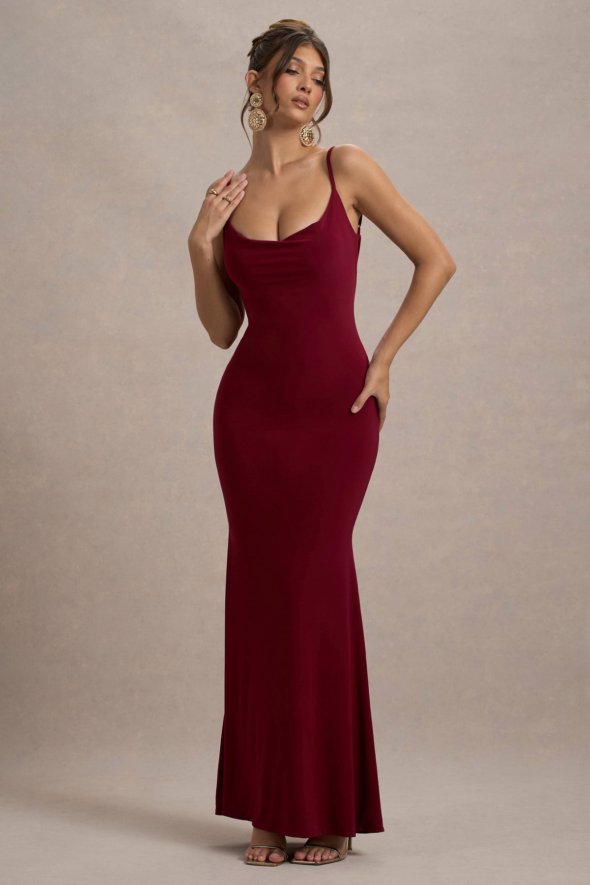 Berry Cowl Neck Backless Maxi Dress With Lace Insert - View 3 | Shop Formal Dress