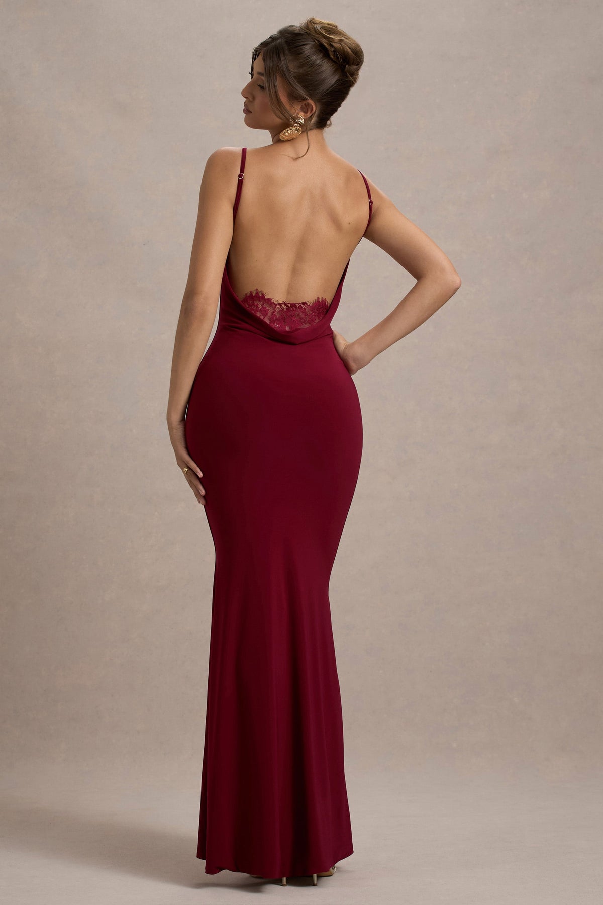 Berry Cowl Neck Backless Maxi Dress With Lace Insert - View 2 | Shop Formal Dress