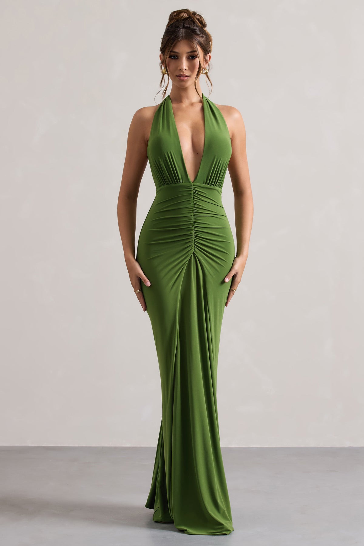 Palm Green Ruched Halter-Neck Maxi Dress - View 5 | Shop Formal Dress
