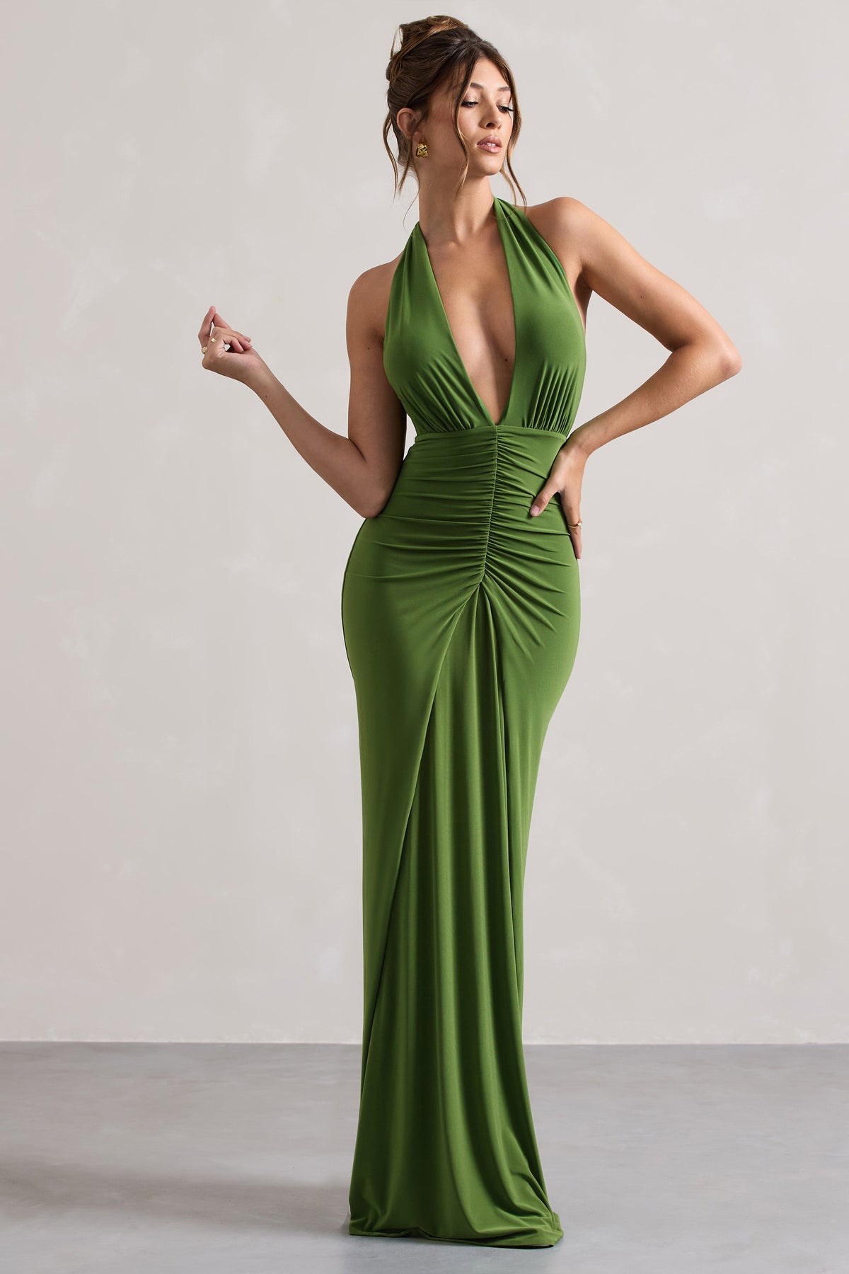 Palm Green Ruched Halter-Neck Maxi Dress - View 2 | Shop Formal Dress