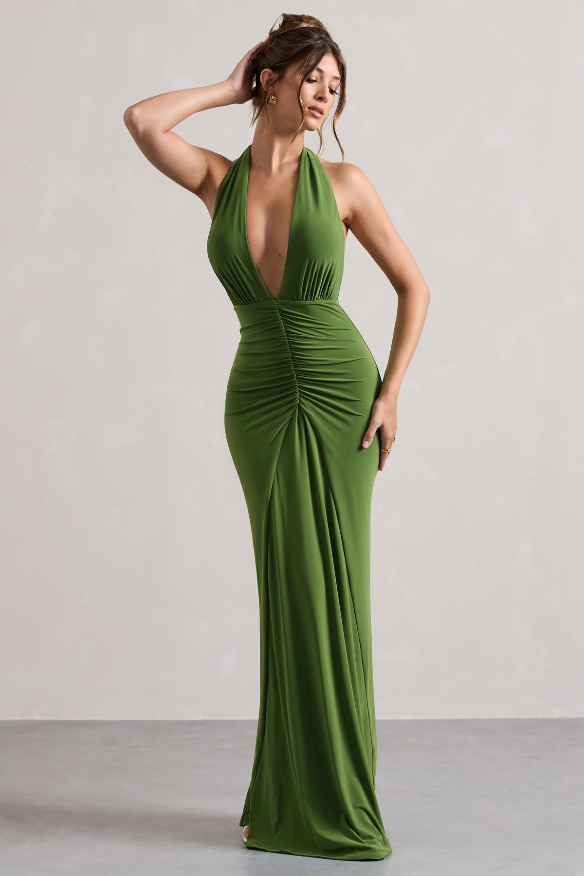 Palm Green Ruched Halter-Neck Maxi Dress - View 4 | Shop Formal Dress