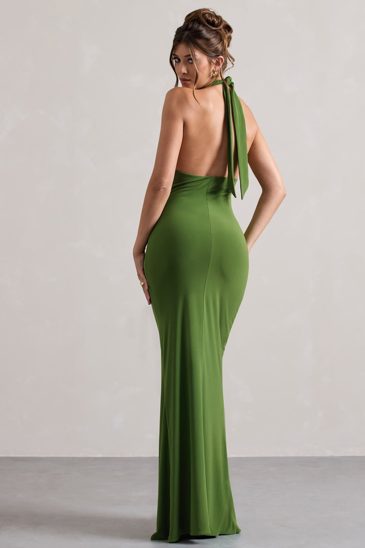 Palm Green Ruched Halter-Neck Maxi Dress - View 3 | Shop Formal Dress