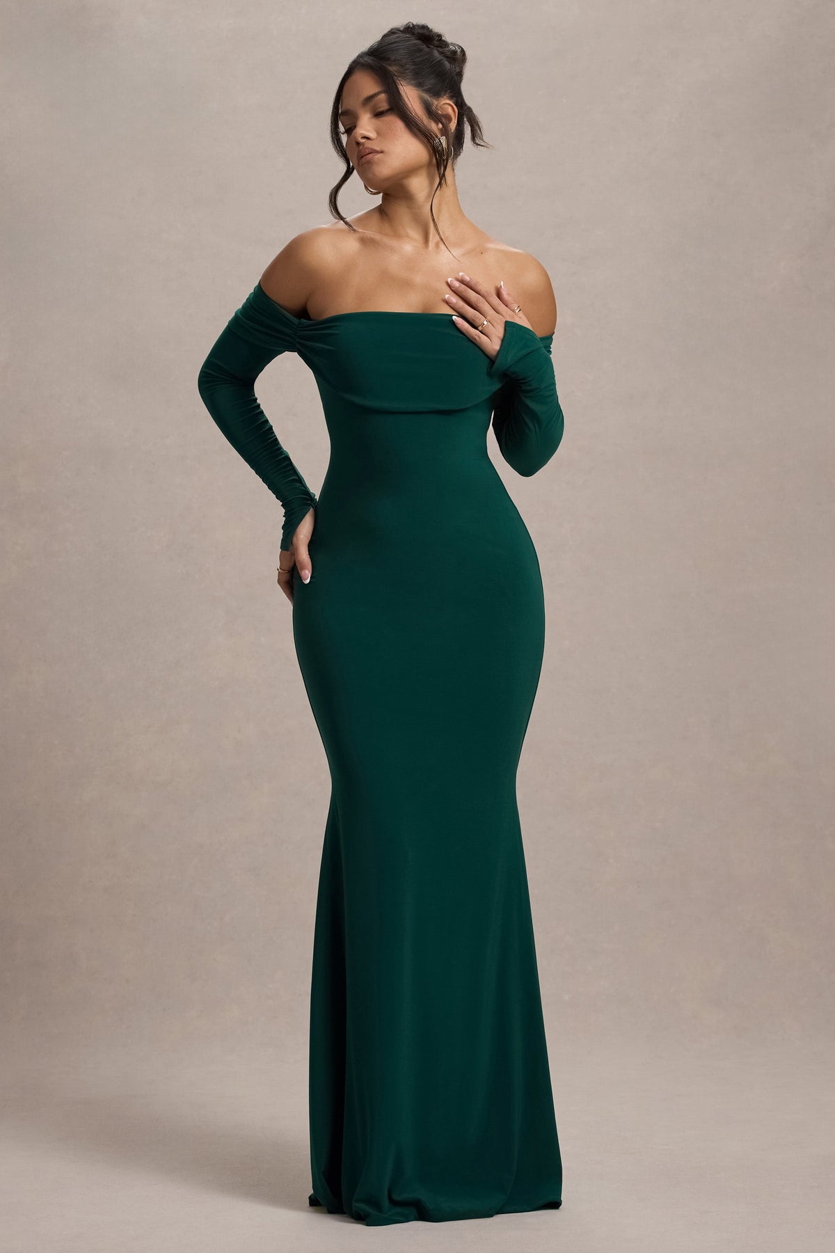 Bottle Green Bardot Long-Sleeve Maxi Dress - View 6 | Shop Formal Dress