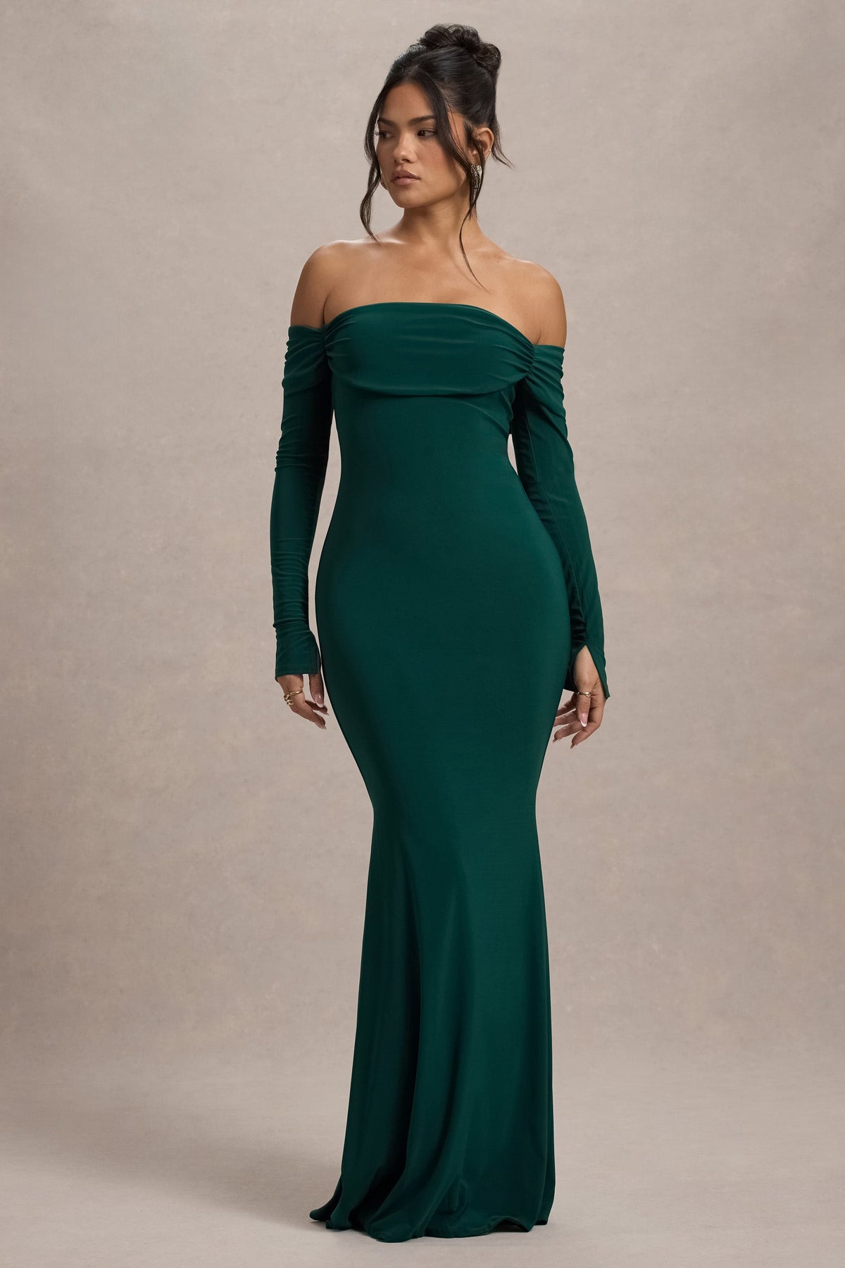 Bottle Green Bardot Long-Sleeve Maxi Dress - View 2 | Shop Formal Dress