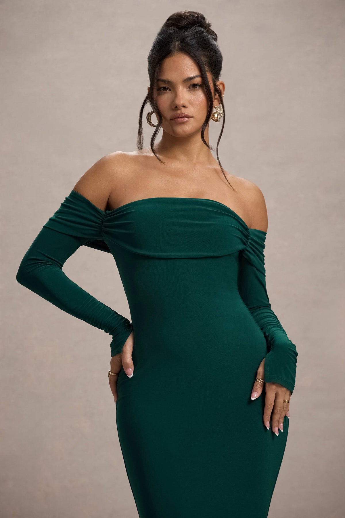 Bottle Green Bardot Long-Sleeve Maxi Dress - View 4 | Shop Formal Dress