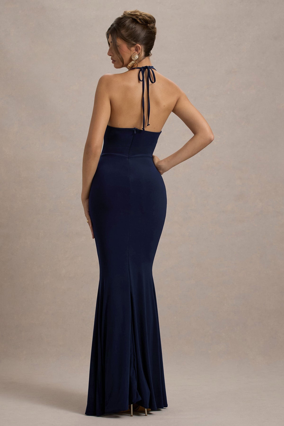 Navy Cowl-Neck Wrap Maxi Dress With Floral Drape - View 3 | Shop Formal Dress