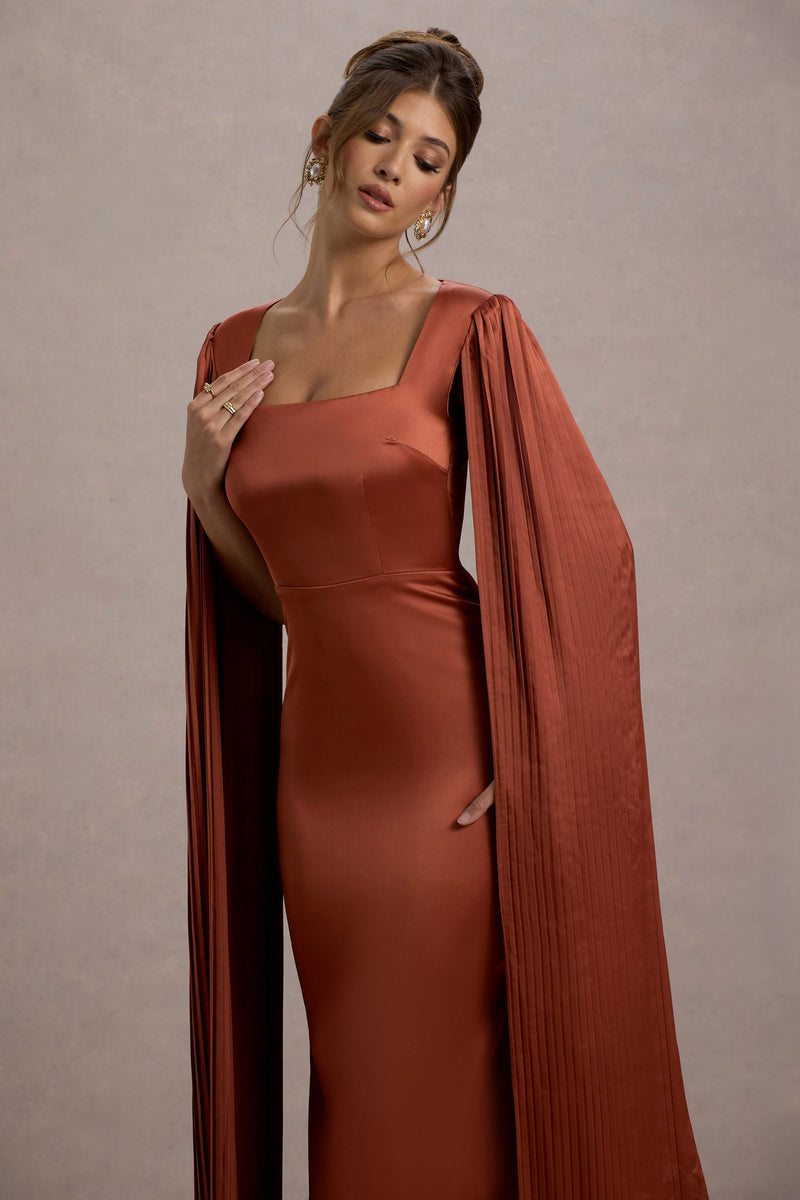 Saloma Rust Satin SquareNeck Maxi Dress With Cape Sleeves Club L