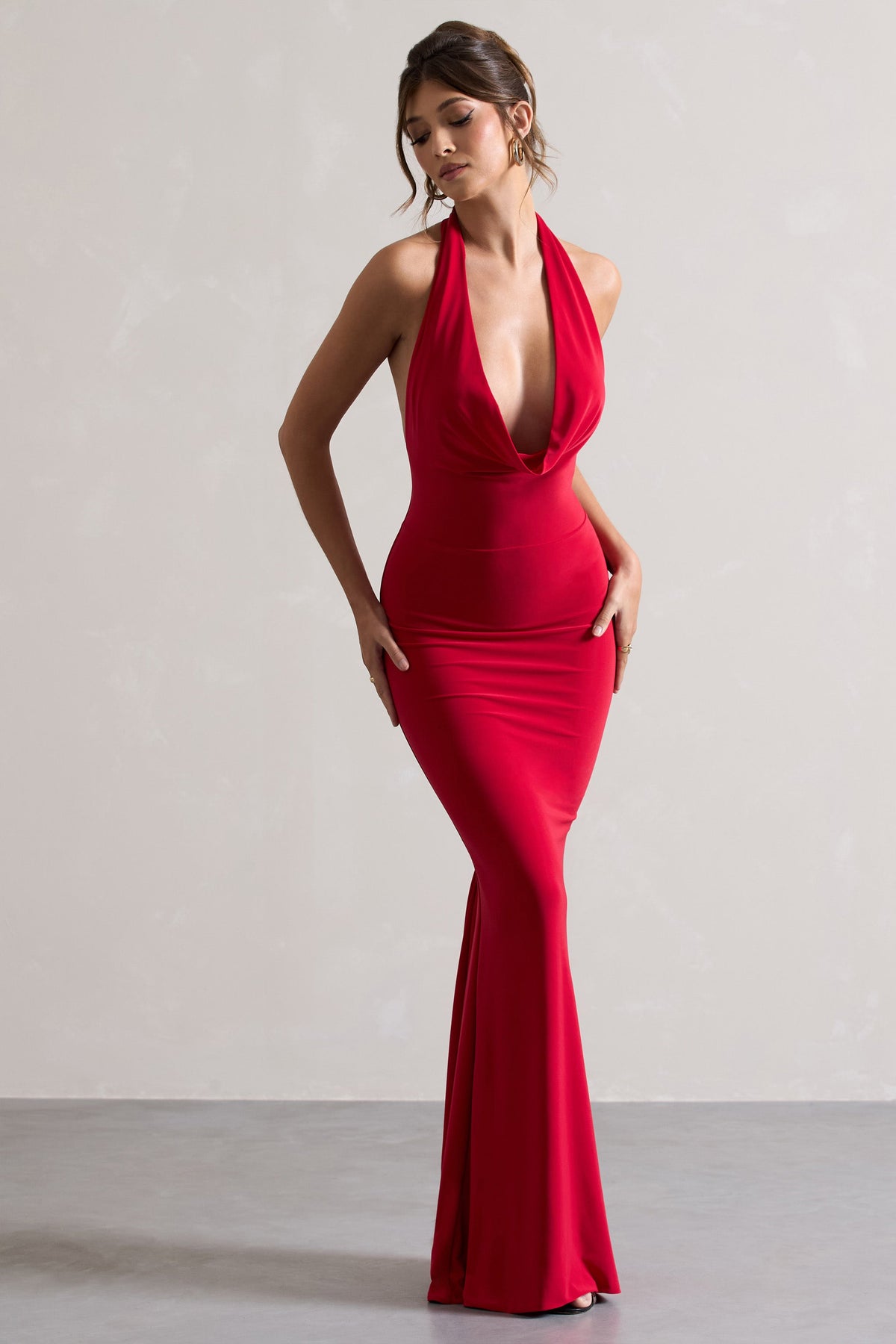 Red Backless Cowl Neck Fishtail Maxi Dress - View 6 | Shop Formal Dress