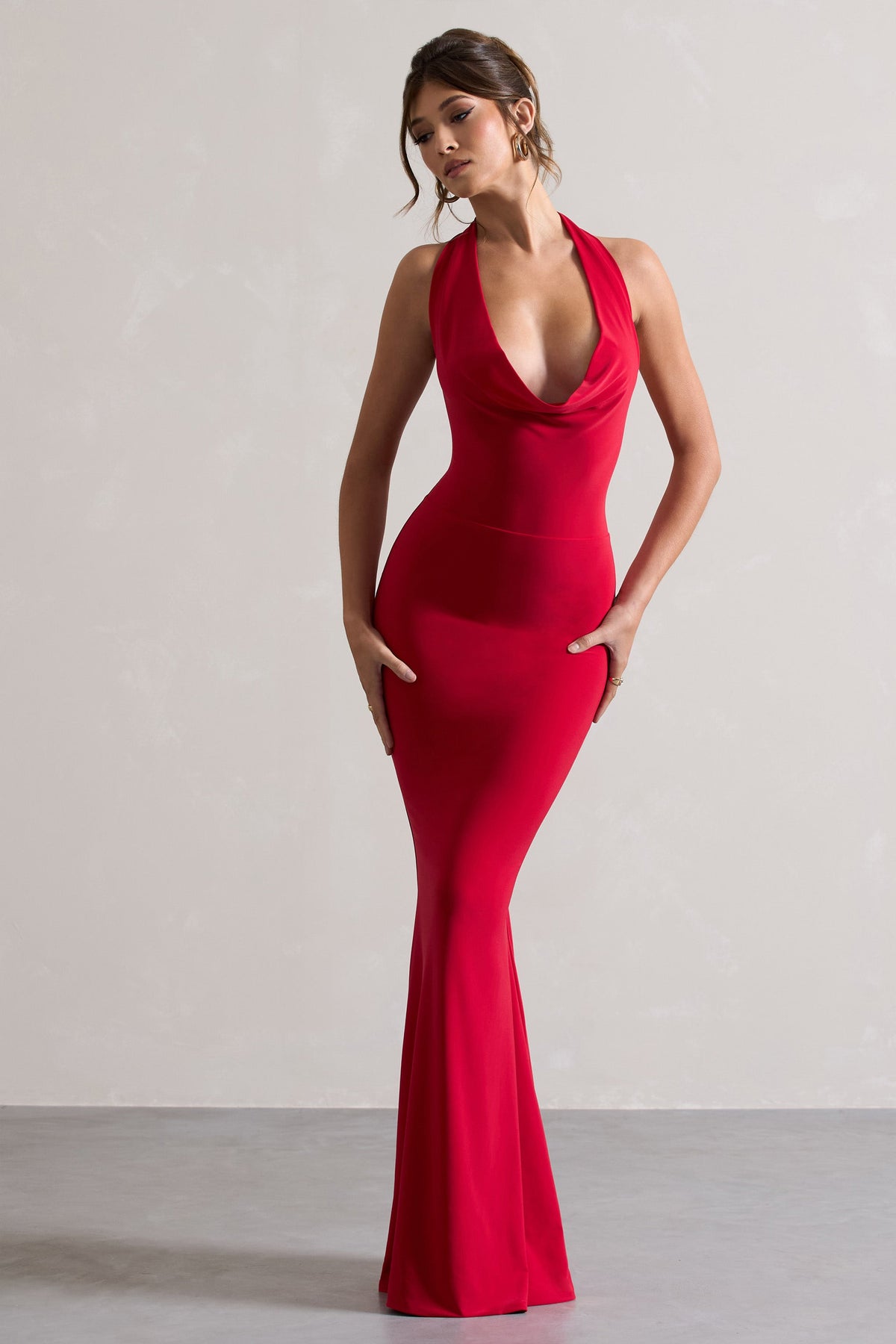 Red Backless Cowl Neck Fishtail Maxi Dress - View 5 | Shop Formal Dress