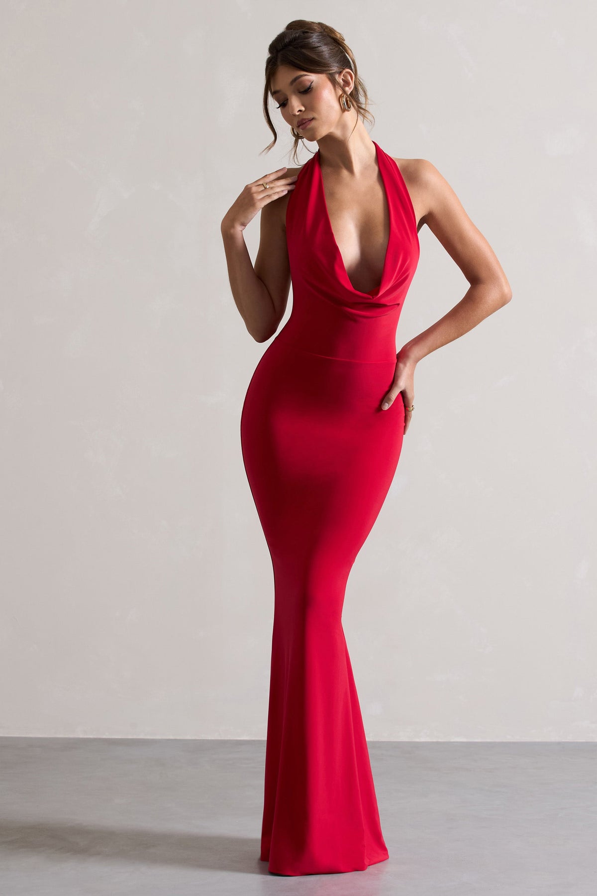 Red Backless Cowl Neck Fishtail Maxi Dress - View 2 | Shop Formal Dress
