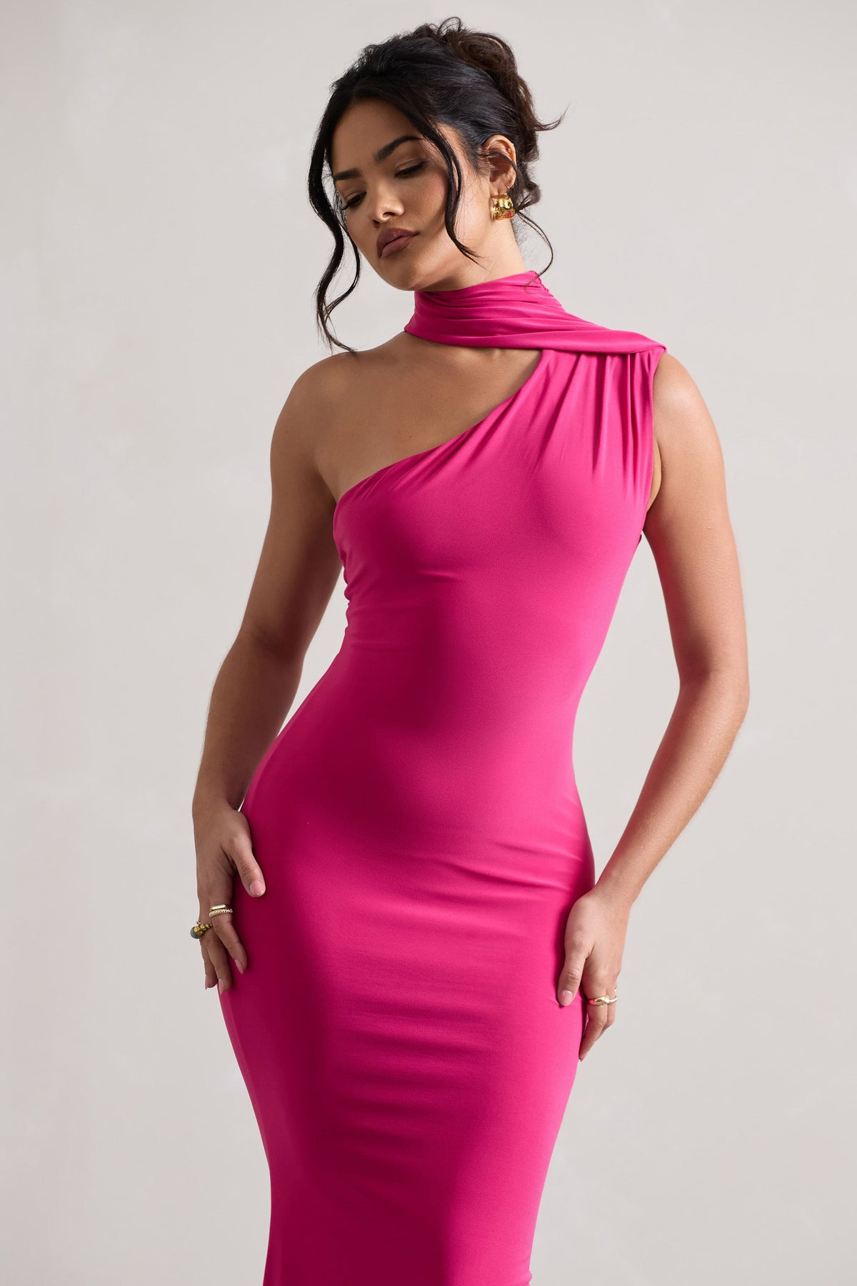 Pink One Shoulder Draped Maxi Dress - View 4 | Shop Formal Dress