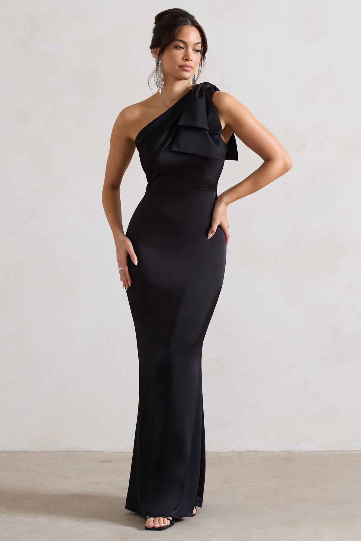 Black Satin One Shoulder Maxi Dress With Bow - View 6 | Shop Formal Dress