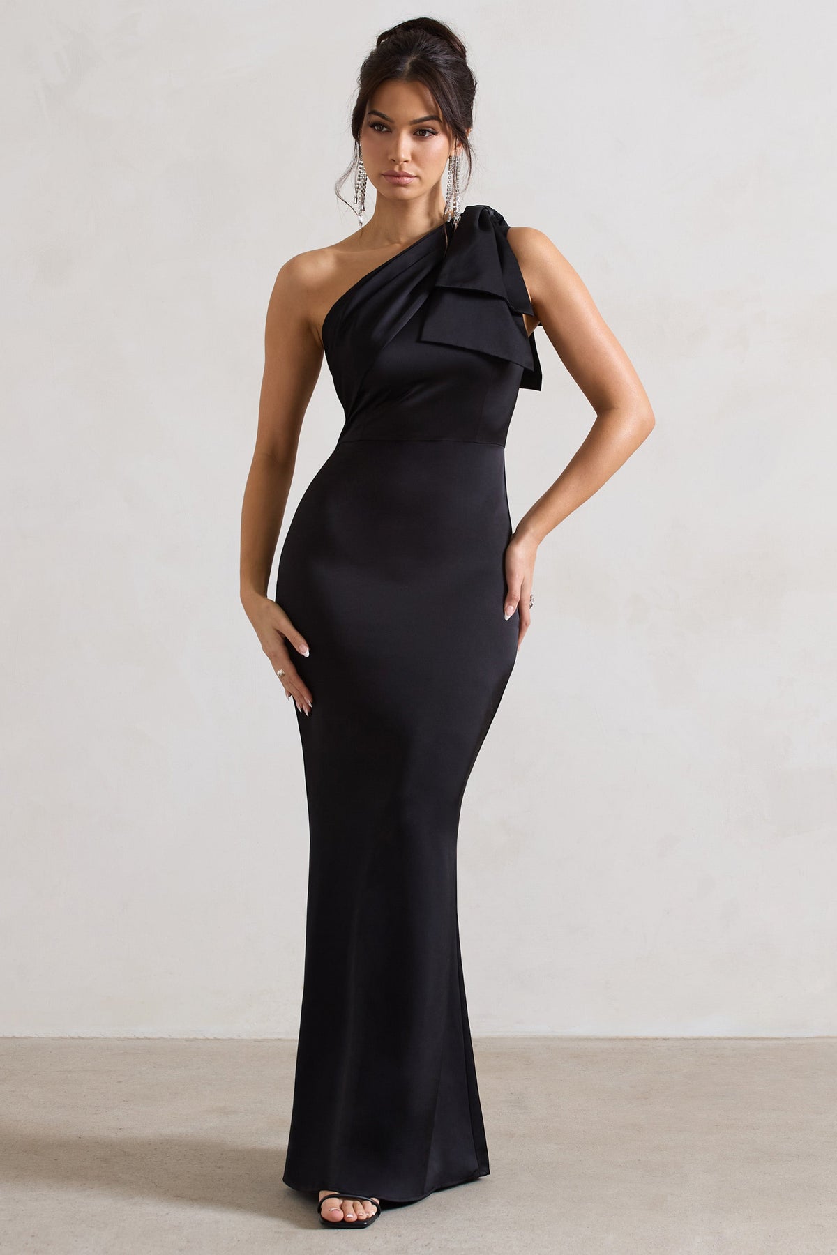 Black Satin One Shoulder Maxi Dress With Bow - View 2 | Shop Formal Dress