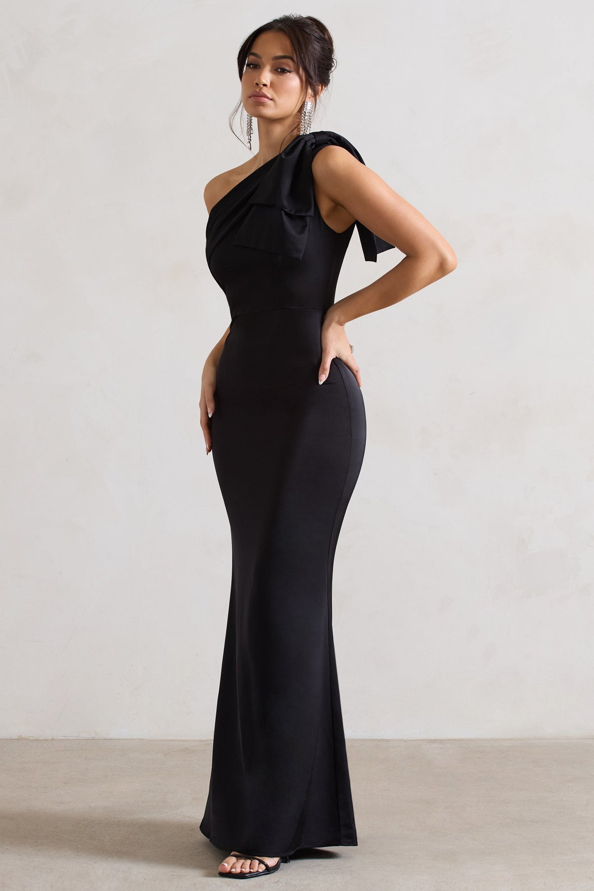 Black Satin One Shoulder Maxi Dress With Bow - View 5 | Shop Formal Dress