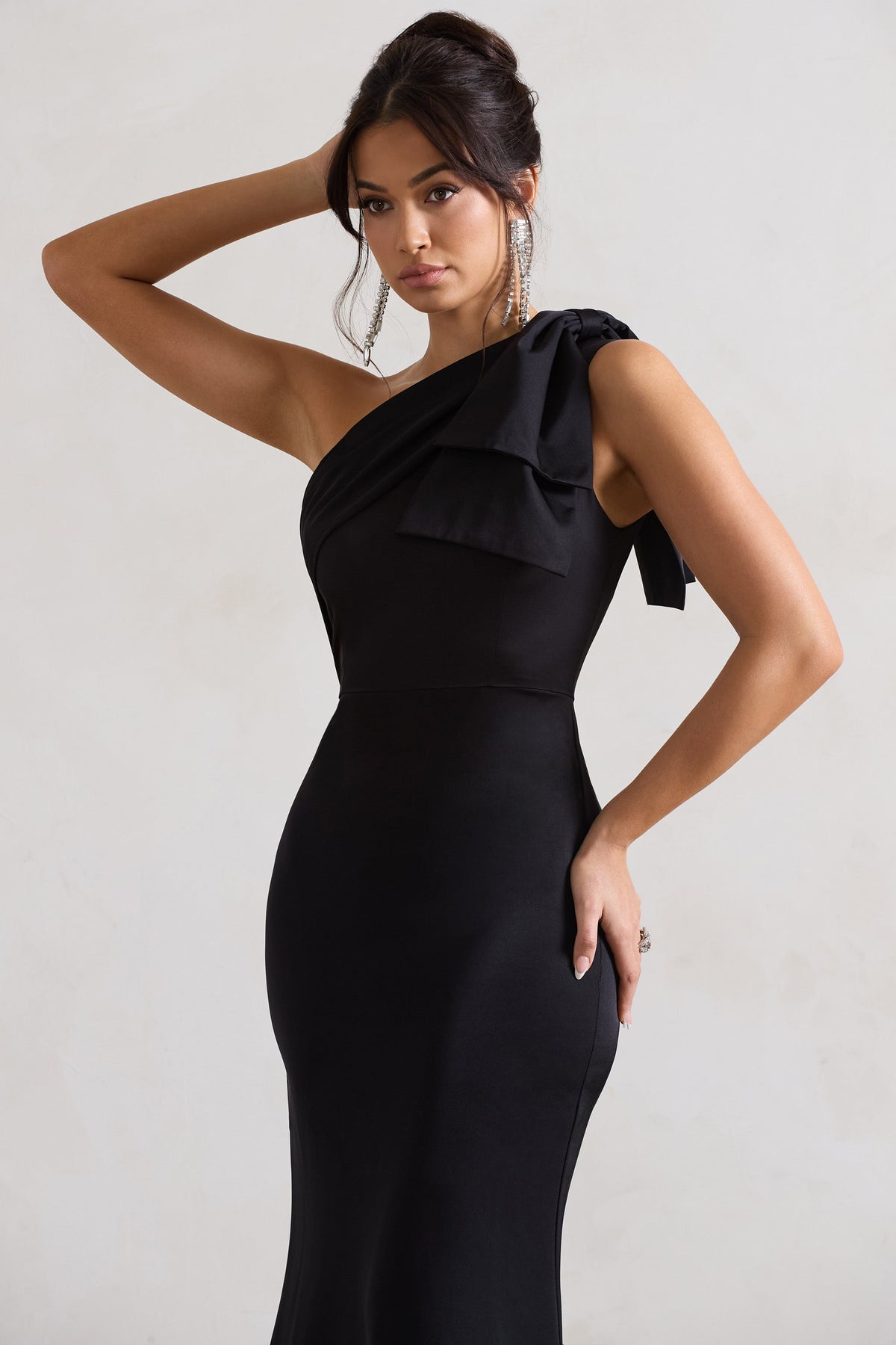 Black Satin One Shoulder Maxi Dress With Bow - View 4 | Shop Formal Dress