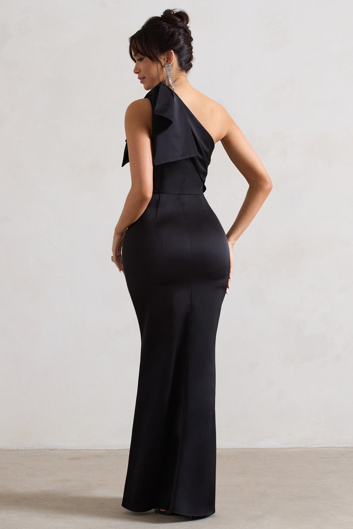Black Satin One Shoulder Maxi Dress With Bow - View 3 | Shop Formal Dress