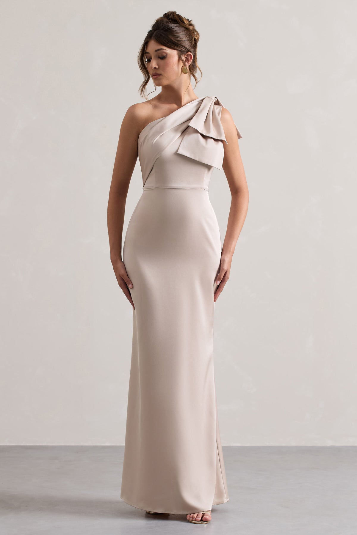 Champagne Satin One Shoulder Maxi Dress With Bow - View 5 | Shop Formal Dress