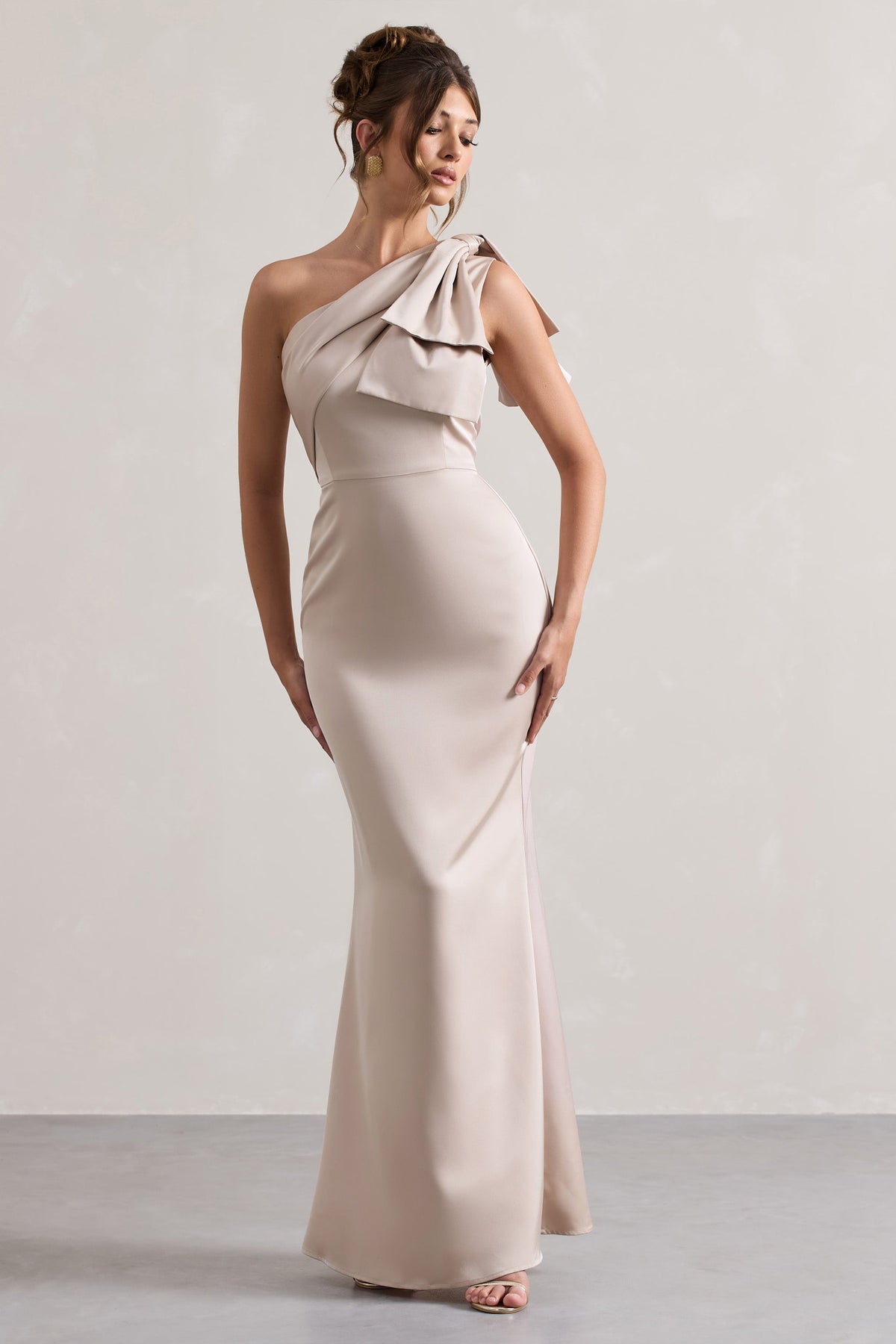 Champagne Satin One Shoulder Maxi Dress With Bow - View 2 | Shop Formal Dress