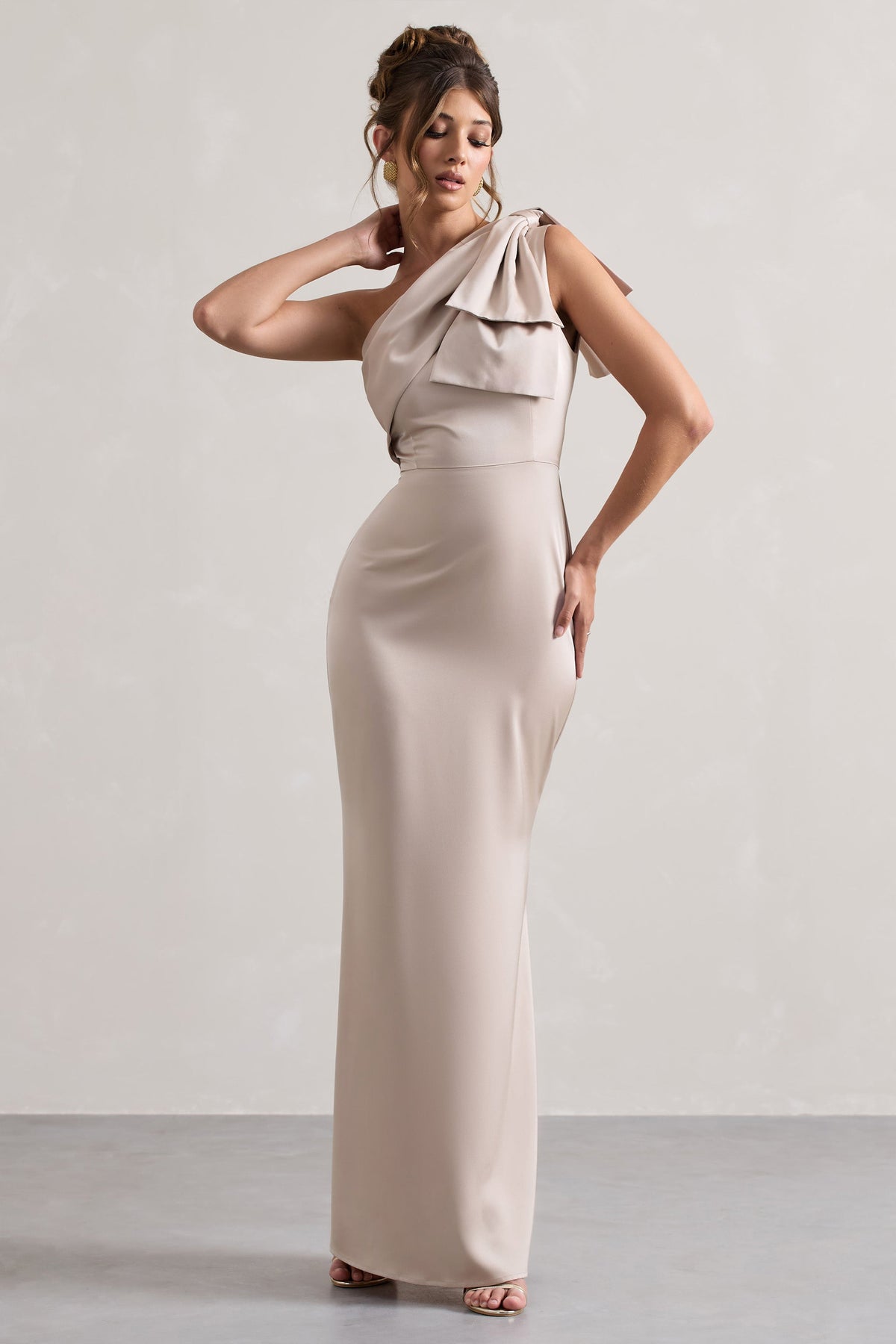 Champagne Satin One Shoulder Maxi Dress With Bow - View 4 | Shop Formal Dress