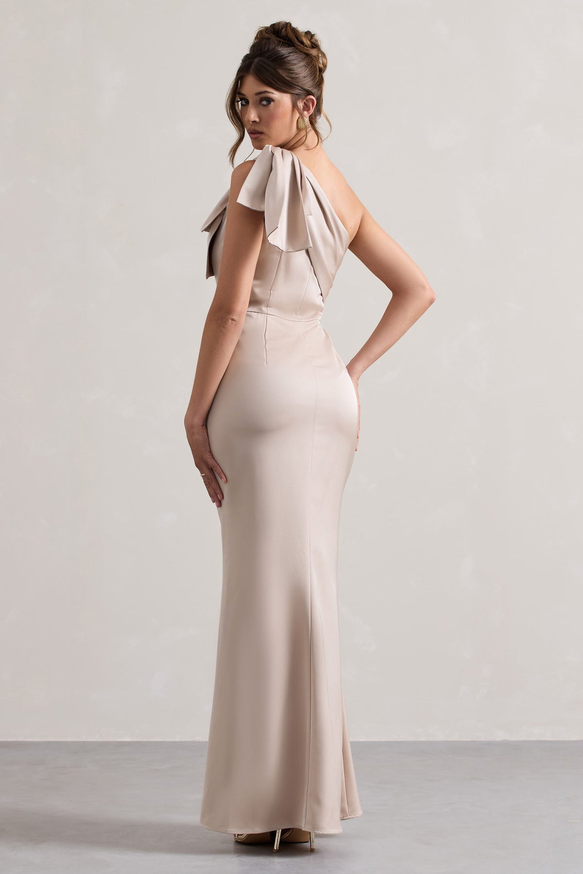 Champagne Satin One Shoulder Maxi Dress With Bow - View 3 | Shop Formal Dress