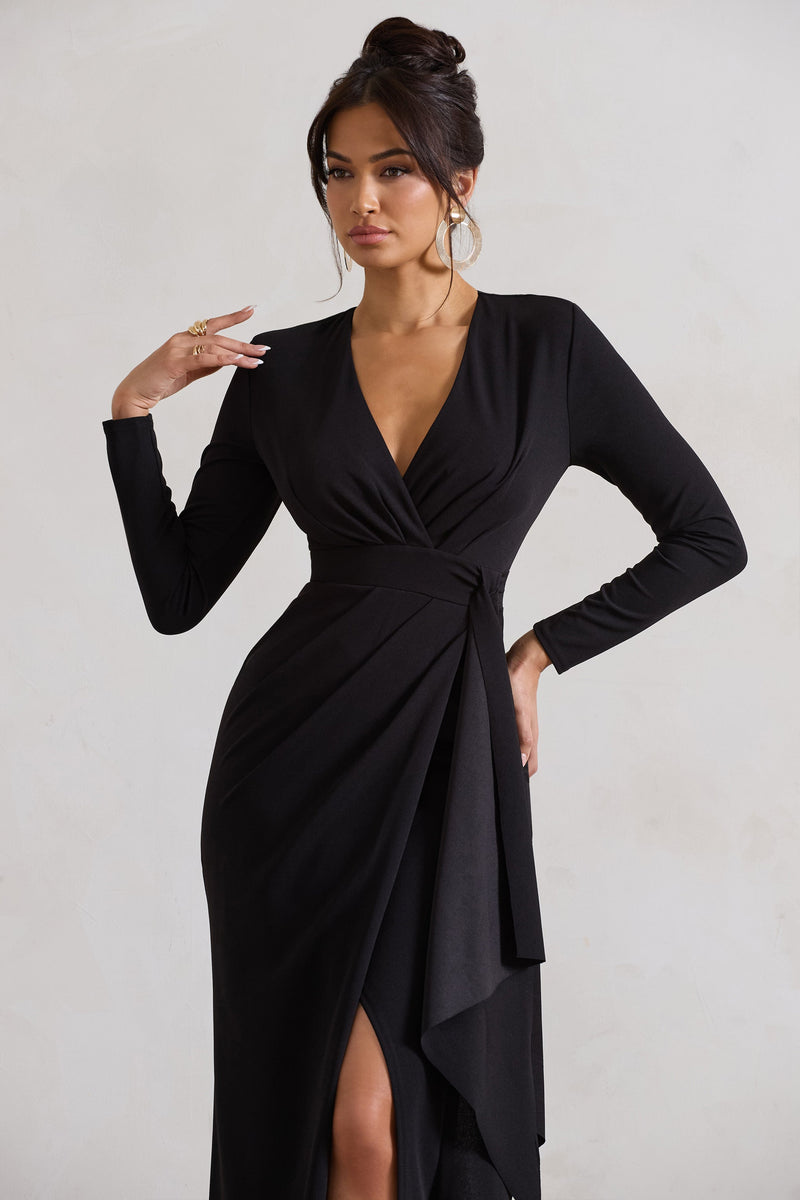 Odetta Black Plunge Neck Wrap Maxi Dress With Tie Waist