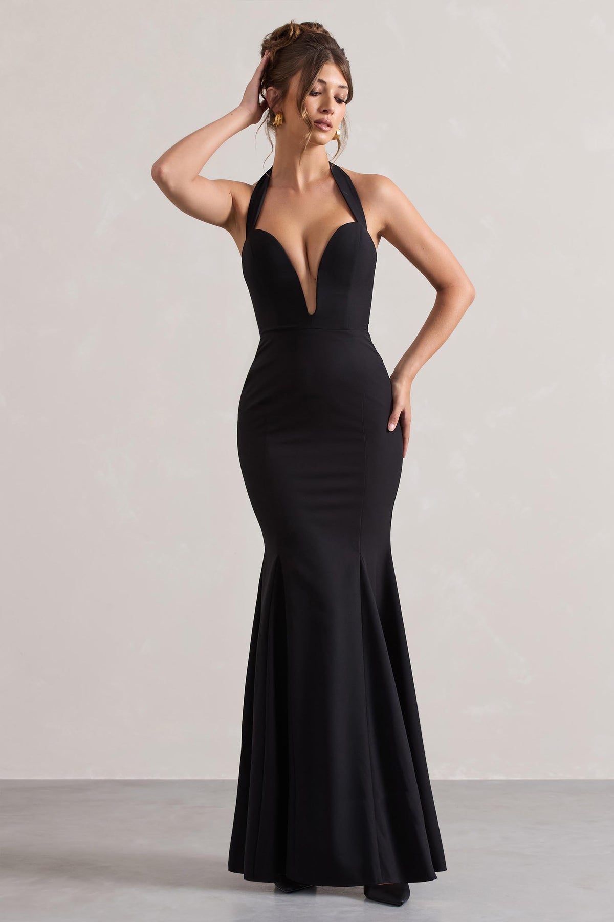 Black Plunge Halter-Neck Fishtail Maxi Dress - View 4 | Shop Formal Dress