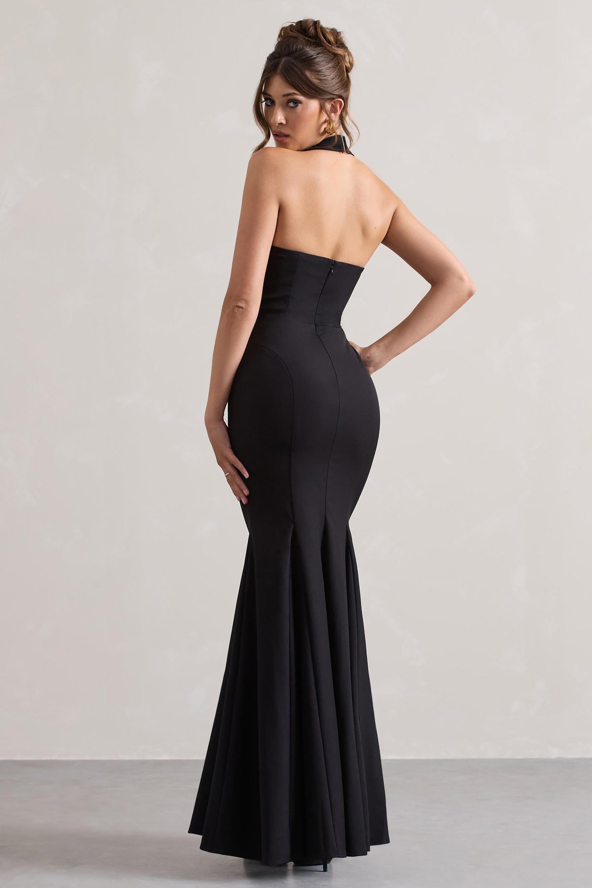 Black Plunge Halter-Neck Fishtail Maxi Dress - View 3 | Shop Formal Dress