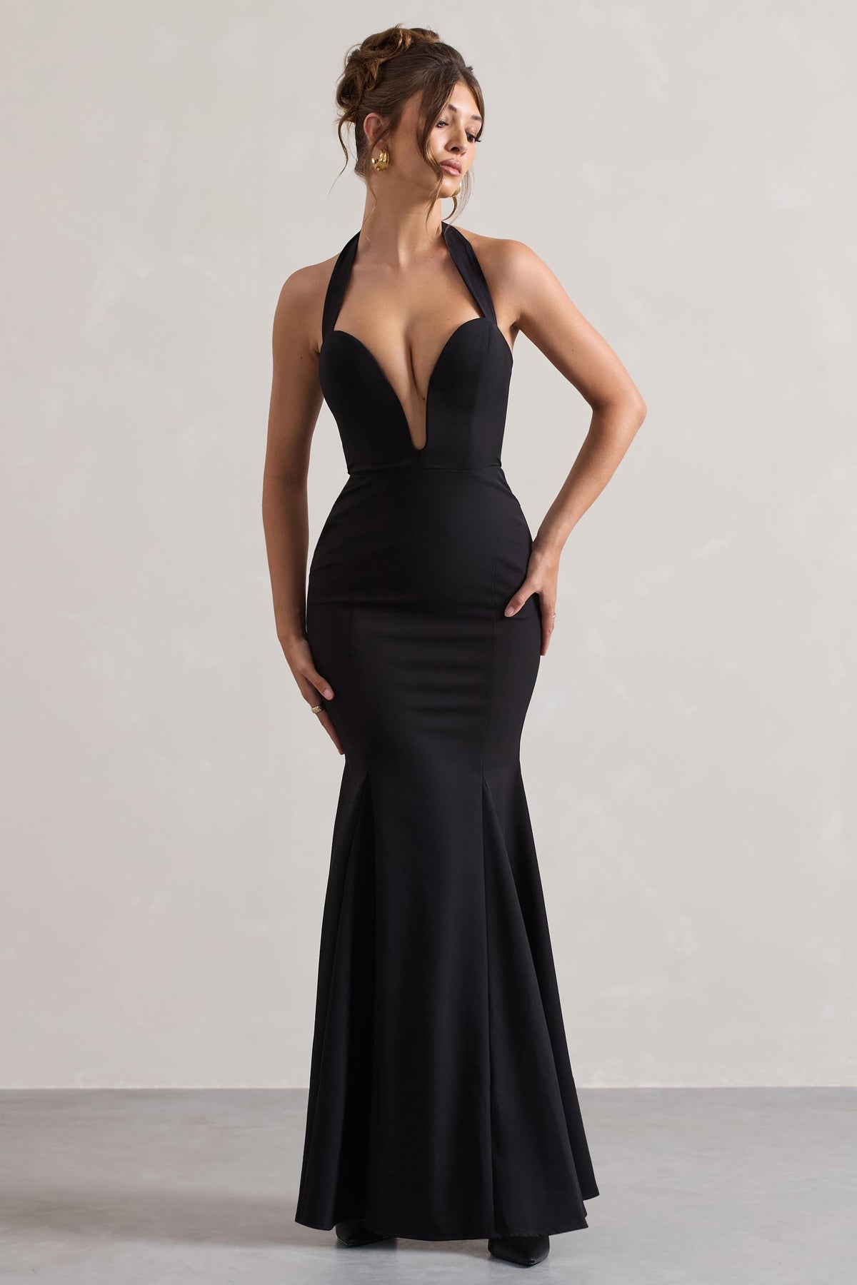 Black Plunge Halter-Neck Fishtail Maxi Dress - View 2 | Shop Formal Dress