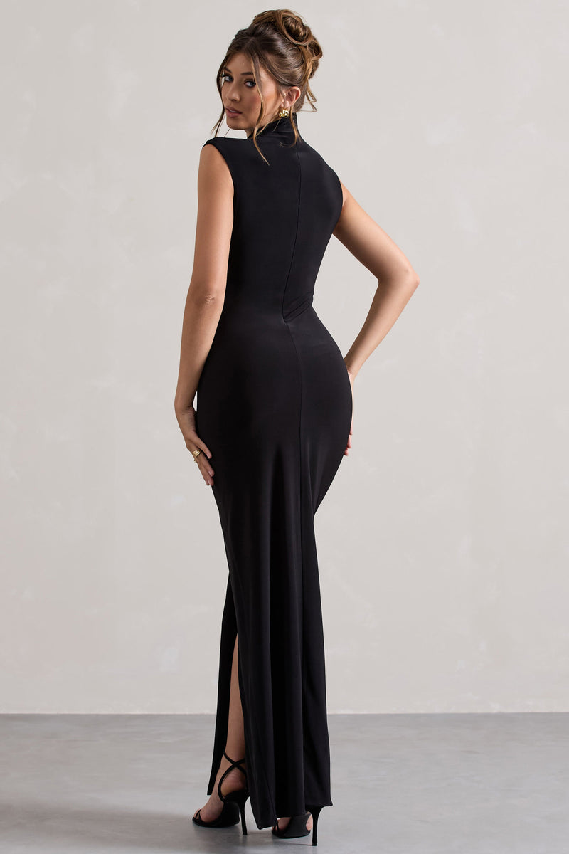 Lanetta Black Ruched High-Neck Maxi Dress With Split – Club L London
