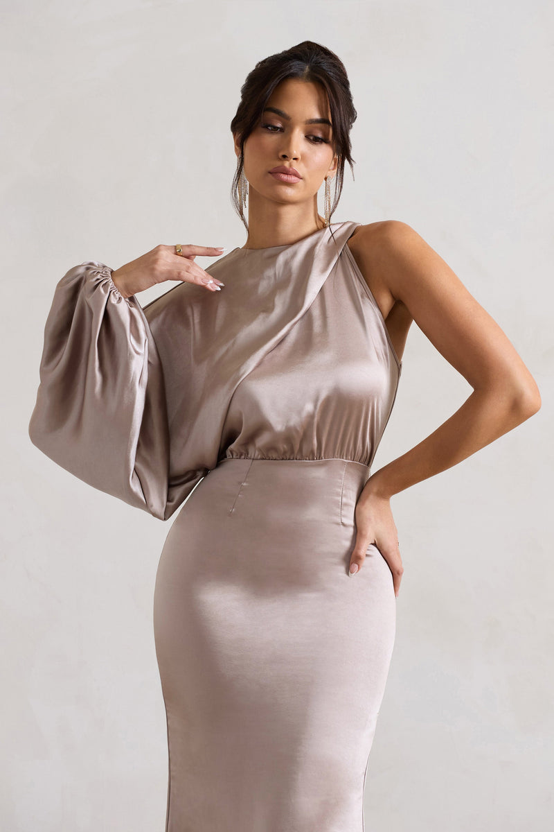 One Shoulder A-line Long Satin Dresses Taupe