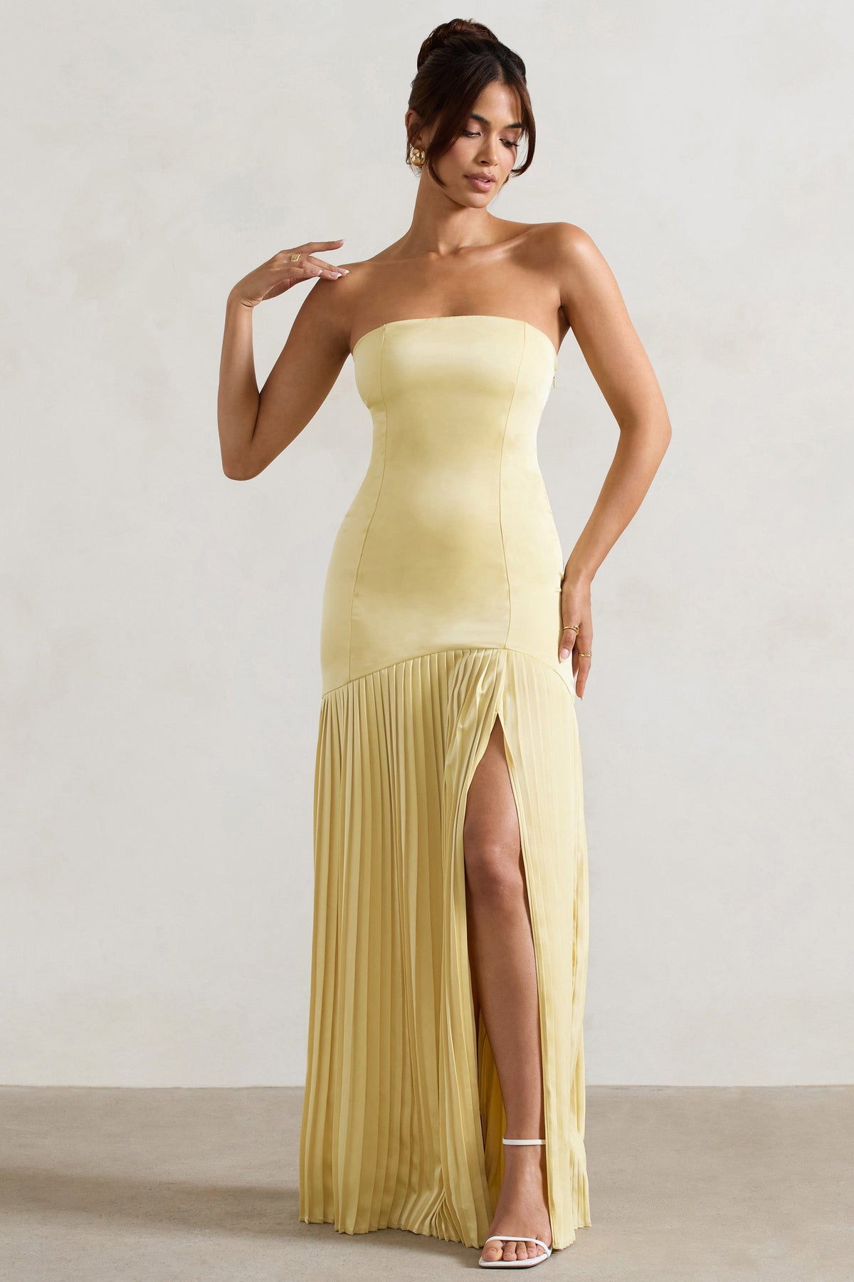 Collective Dress - Lemon Satin Bandeau Pleated Split Maxi Dress image 5